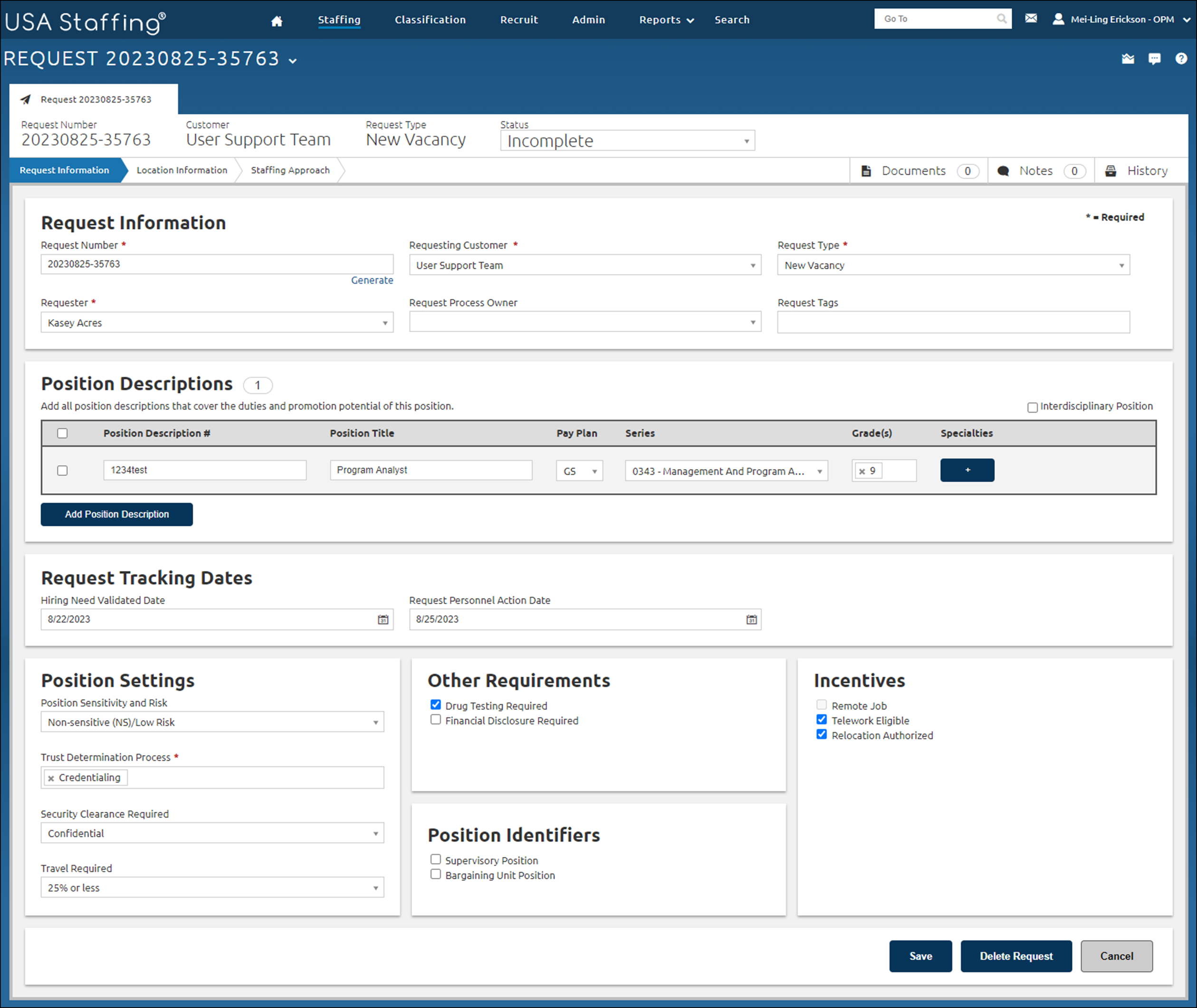 Request page completed as specified in the above steps.