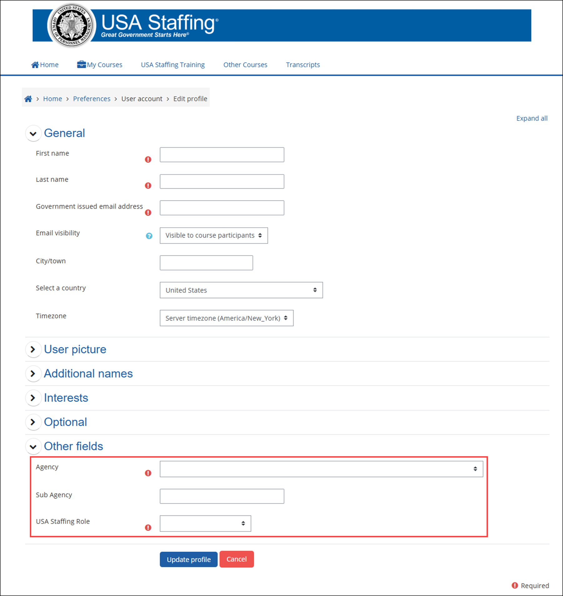 Updating Profile Information for USA Staffing Online Training Courses, with agency, sub-agency, and USA Staffing Role fields highlighted.