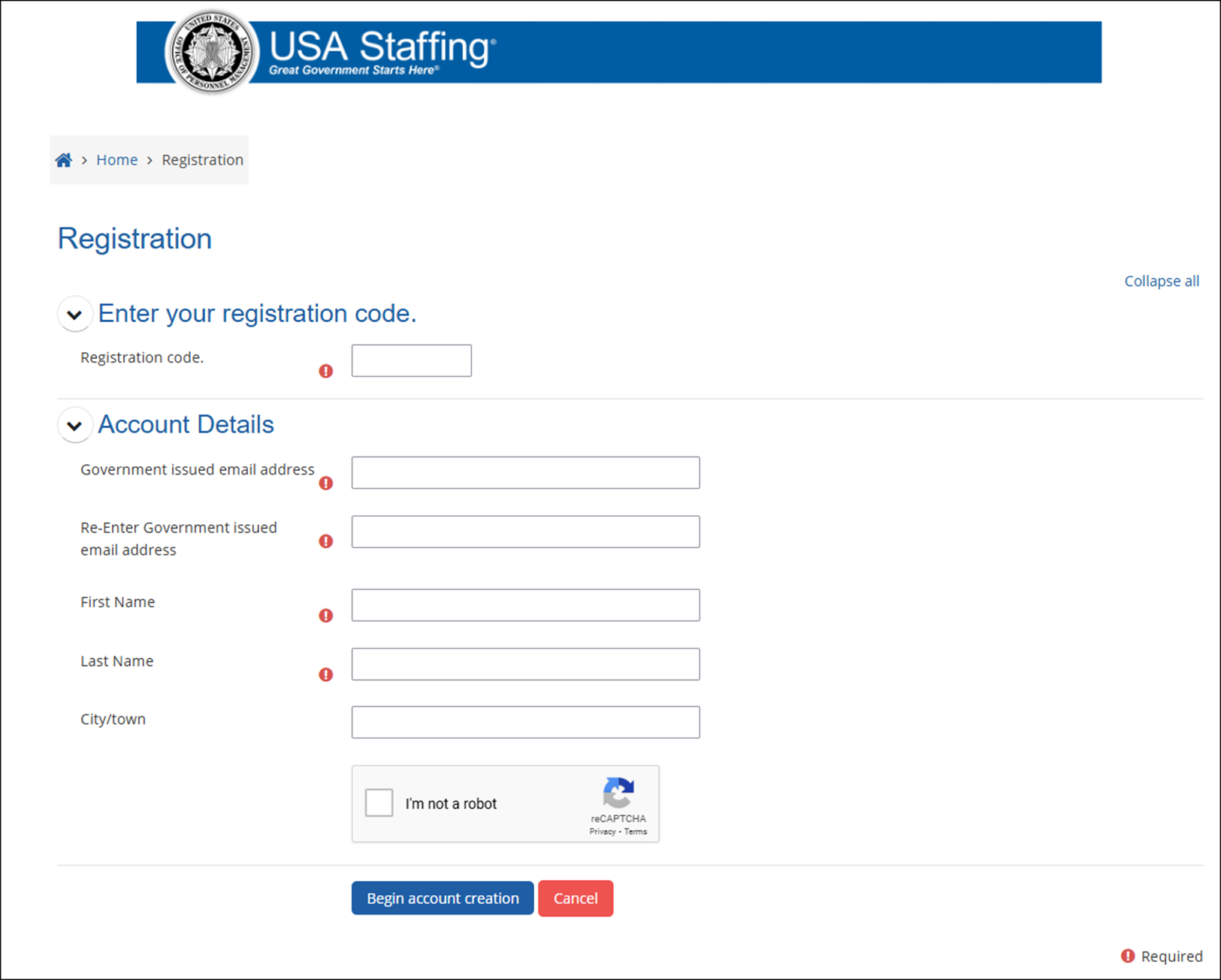 Registration page with account details for USA Staffing Online Training Courses.