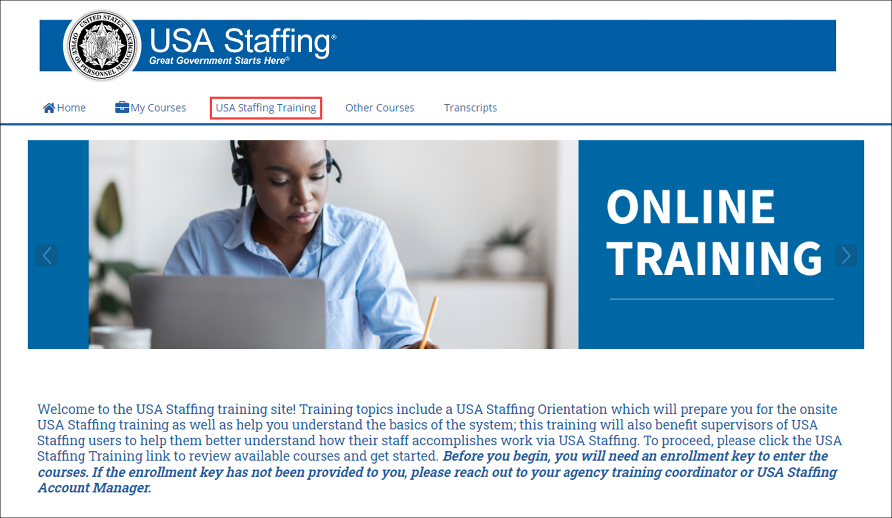 The welcome page for USA Staffing Online Training Courses page, with the USA Staffing Training tab highlighted.
