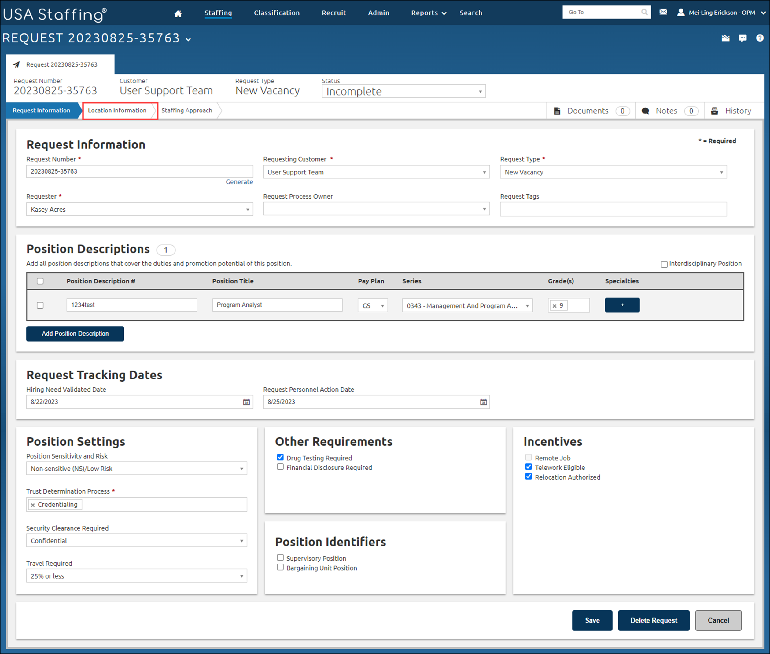Request page with the Location Information tab highlighted. The Location Information tab is located in the top-left quadrant of the page.