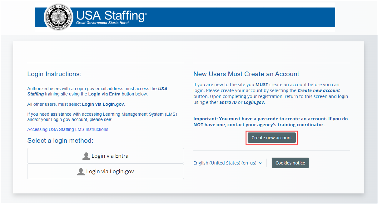 Login page for Online Training Courses Portal for USA Staffing, with the Create new account button highlighted.