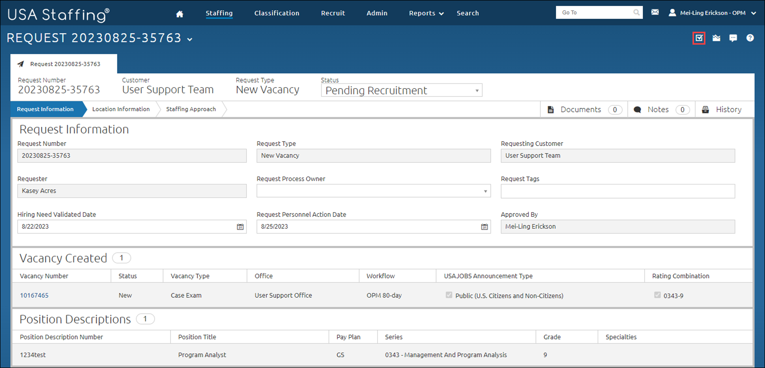 A page in the request area with the Task Overview button highlighted. This button is located in the upper-right quadrant of the page.
