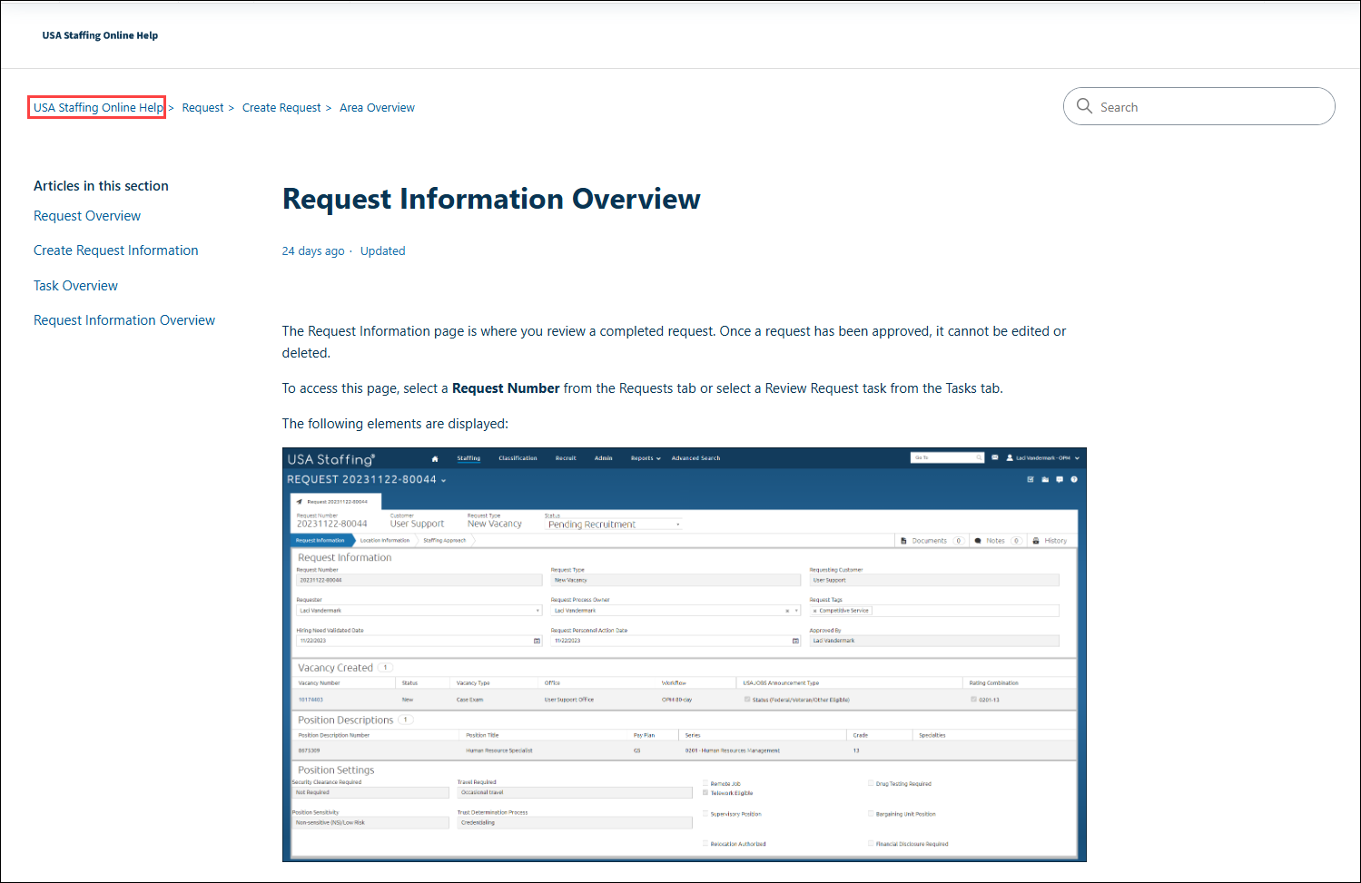 Online Help page with the USA Staffing Online Help link highlighted. The USA Staffing Online Help link is in the upper left quadrant of the page.