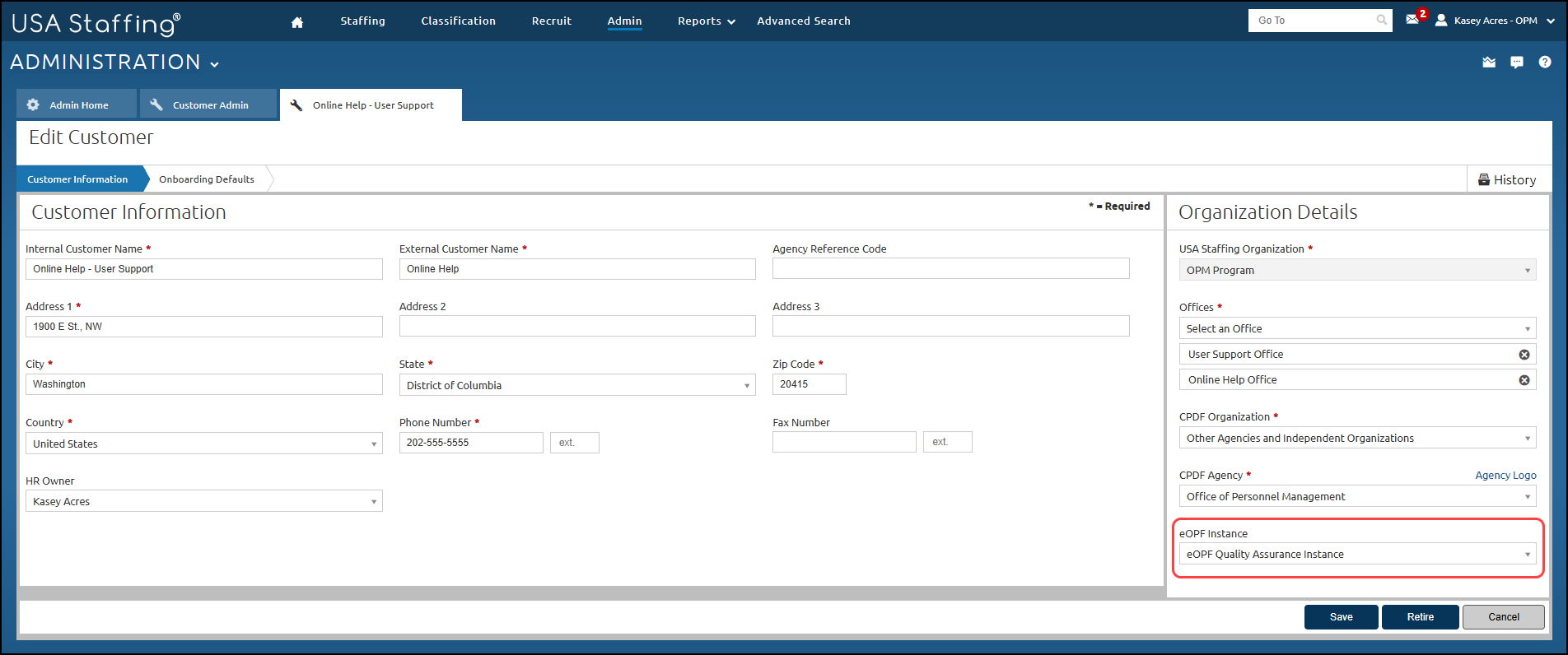 Customer Information - Organization Details with eOPF Instance highlighted