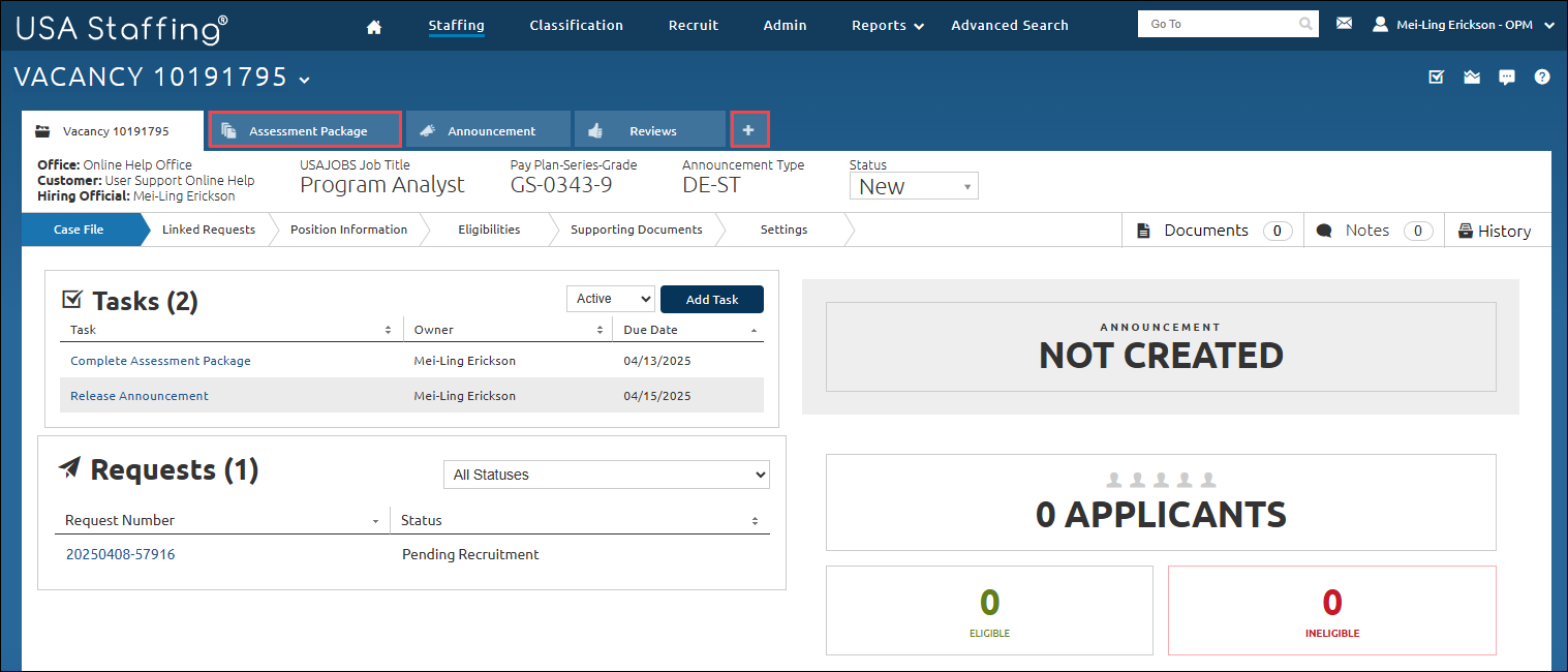 Vacancy Case File page with Assessment Package and the + icon highlighted.