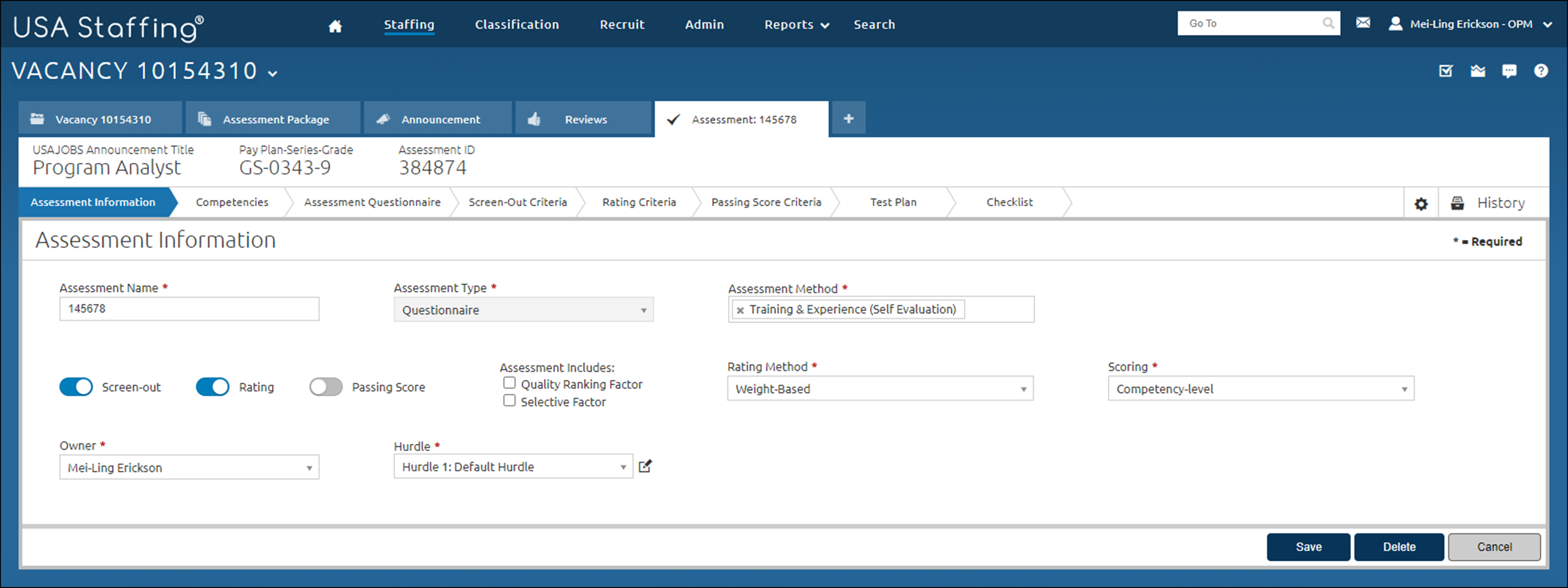 Assessment Information page completed as specified in the above steps.
