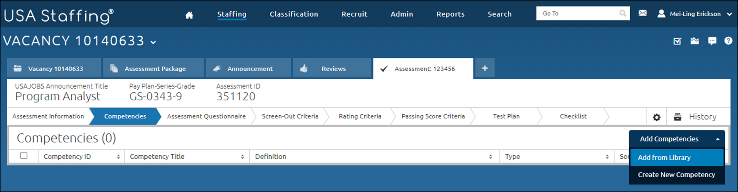 Blank Competencies page with the Add Competencies button selected.
