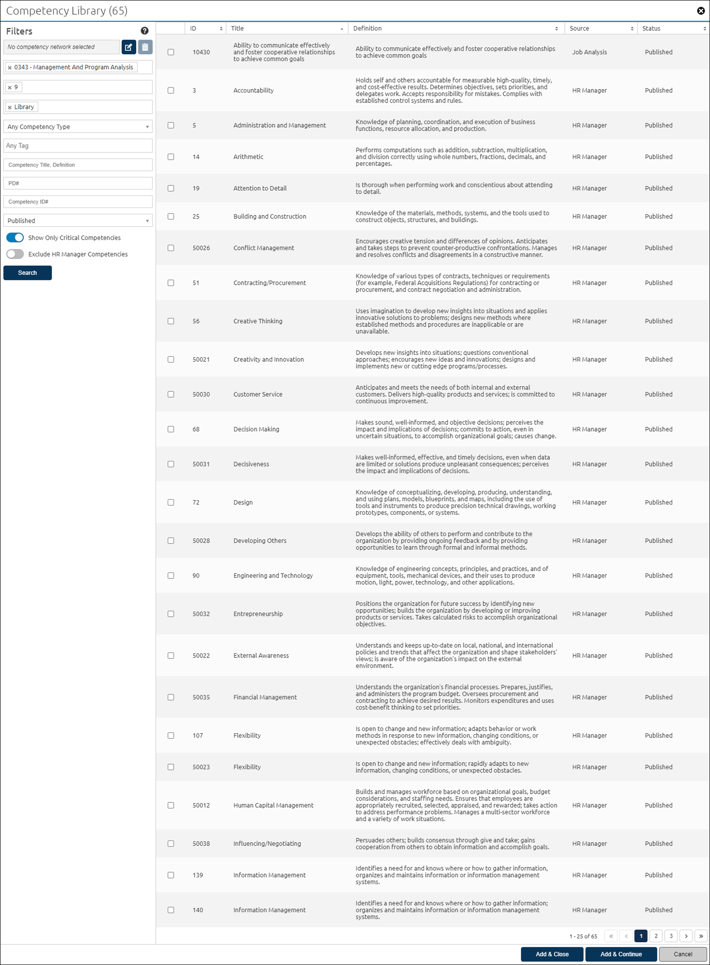 Competency Library page for a 0343, GS-09.