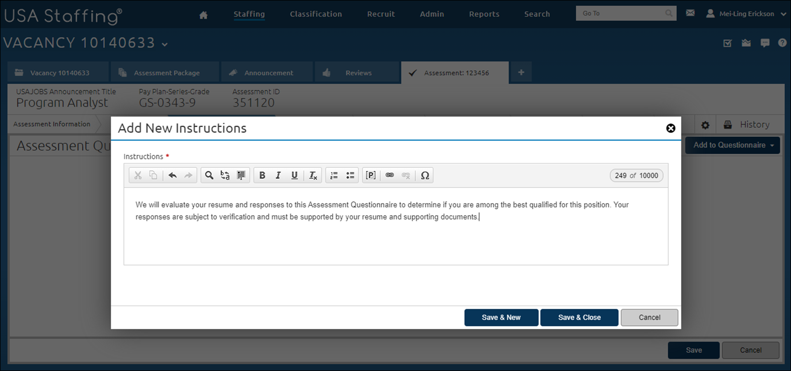 Add Questionnaire Instructions page with sample instruction text.