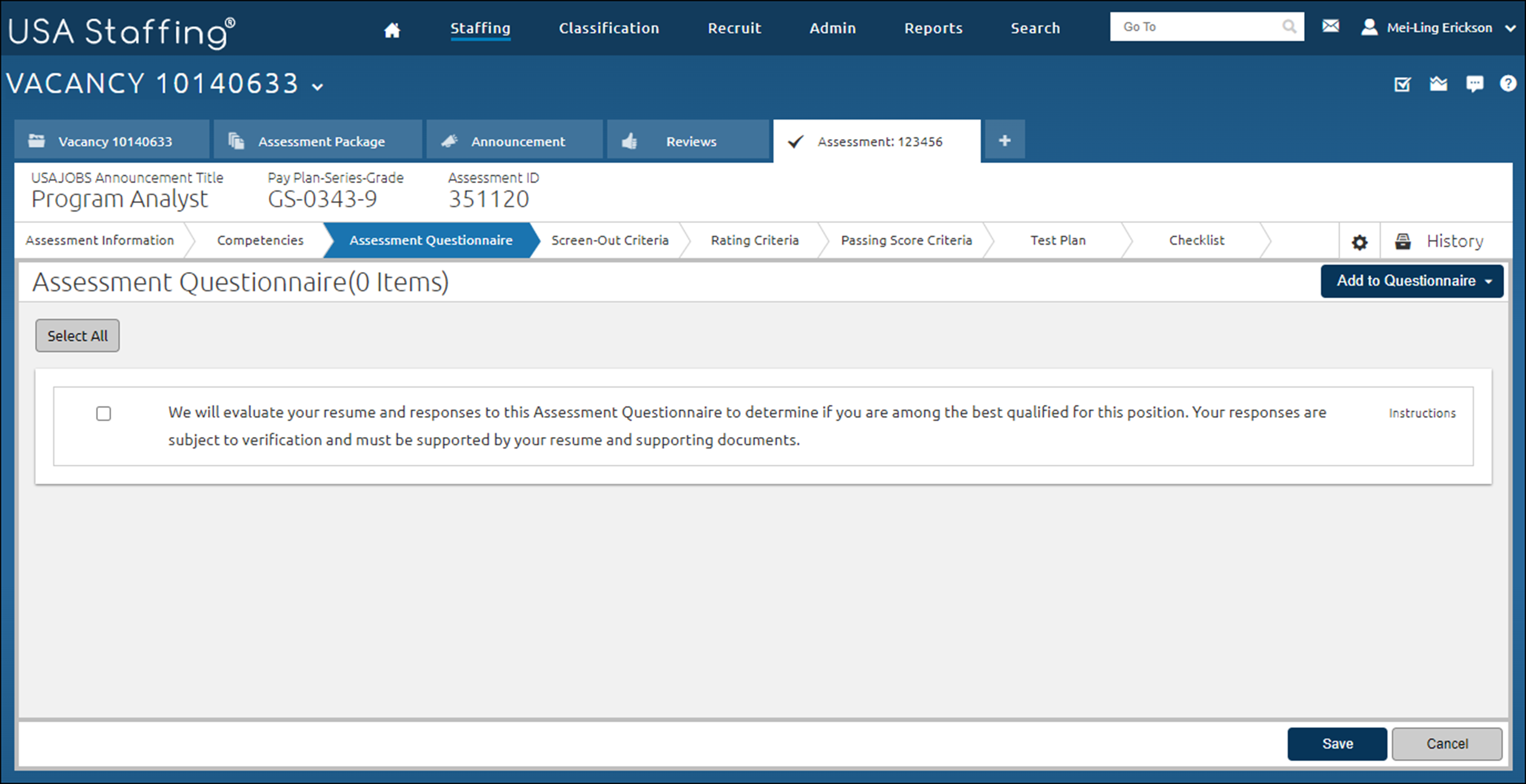 Assessment Questionnaire page with instructions added.