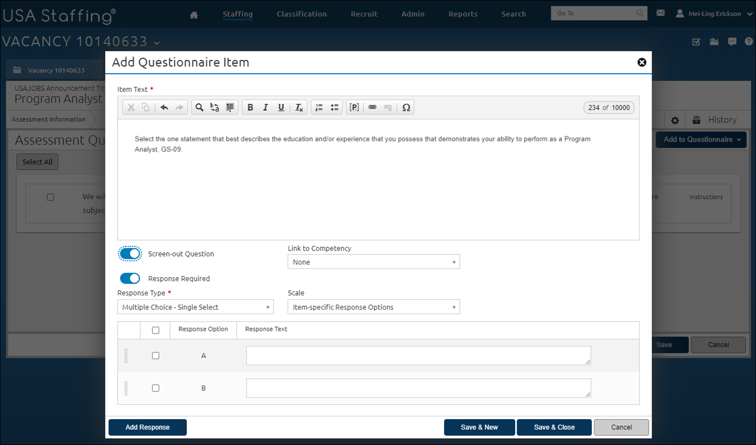 Add Questionnaire Item page completed as specified in the above steps.
