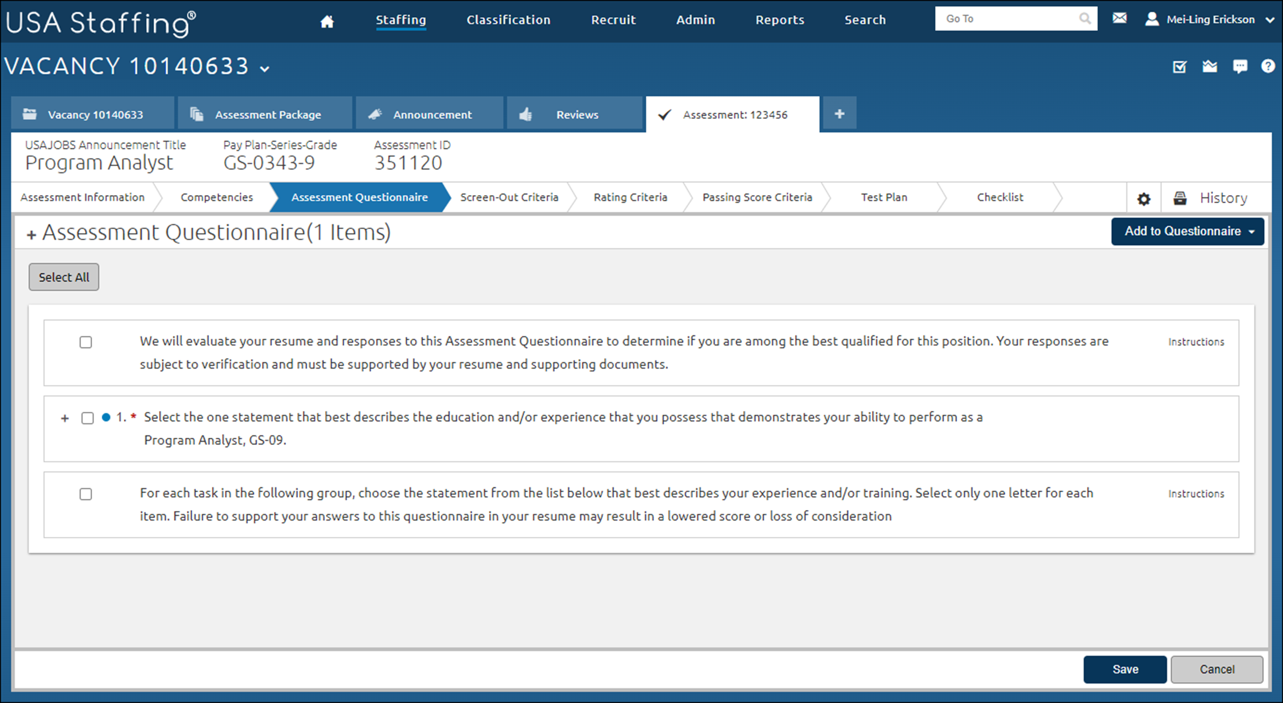 Assessment Questionnaire page with instructions added.