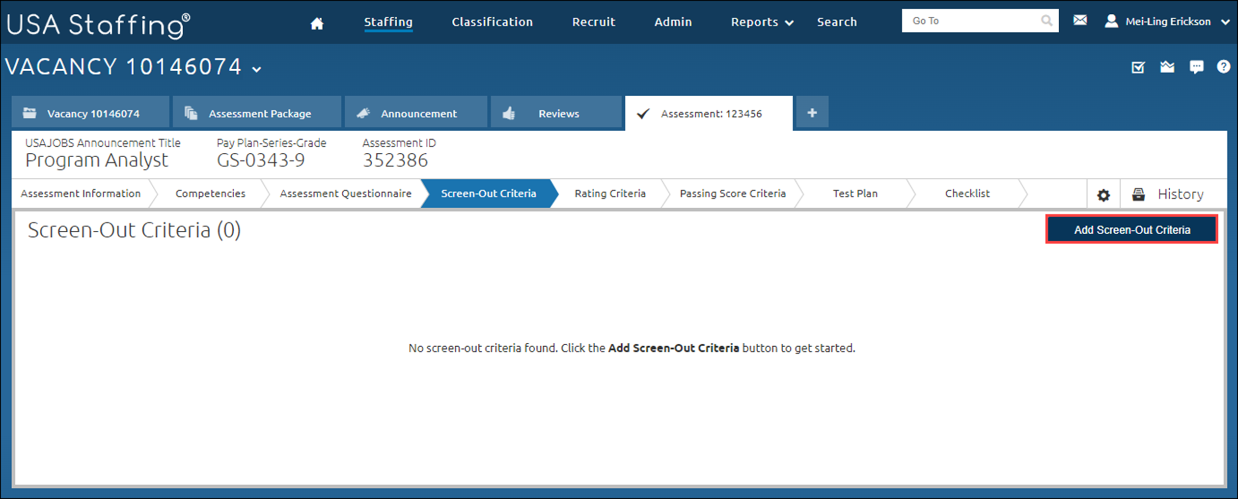 The Screen-Out Criteria page with the Add Screen Out Criteria button highlighted. No screen-out items appear.