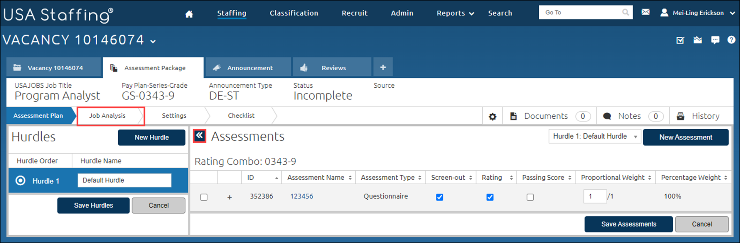 Assessment Plan page with the Job Analysis page highlighted. NOTE: To Show/Hide Filter Hurdles, select the highlighted Show/Hide Filter which allows you to show or hide the hurdles section.