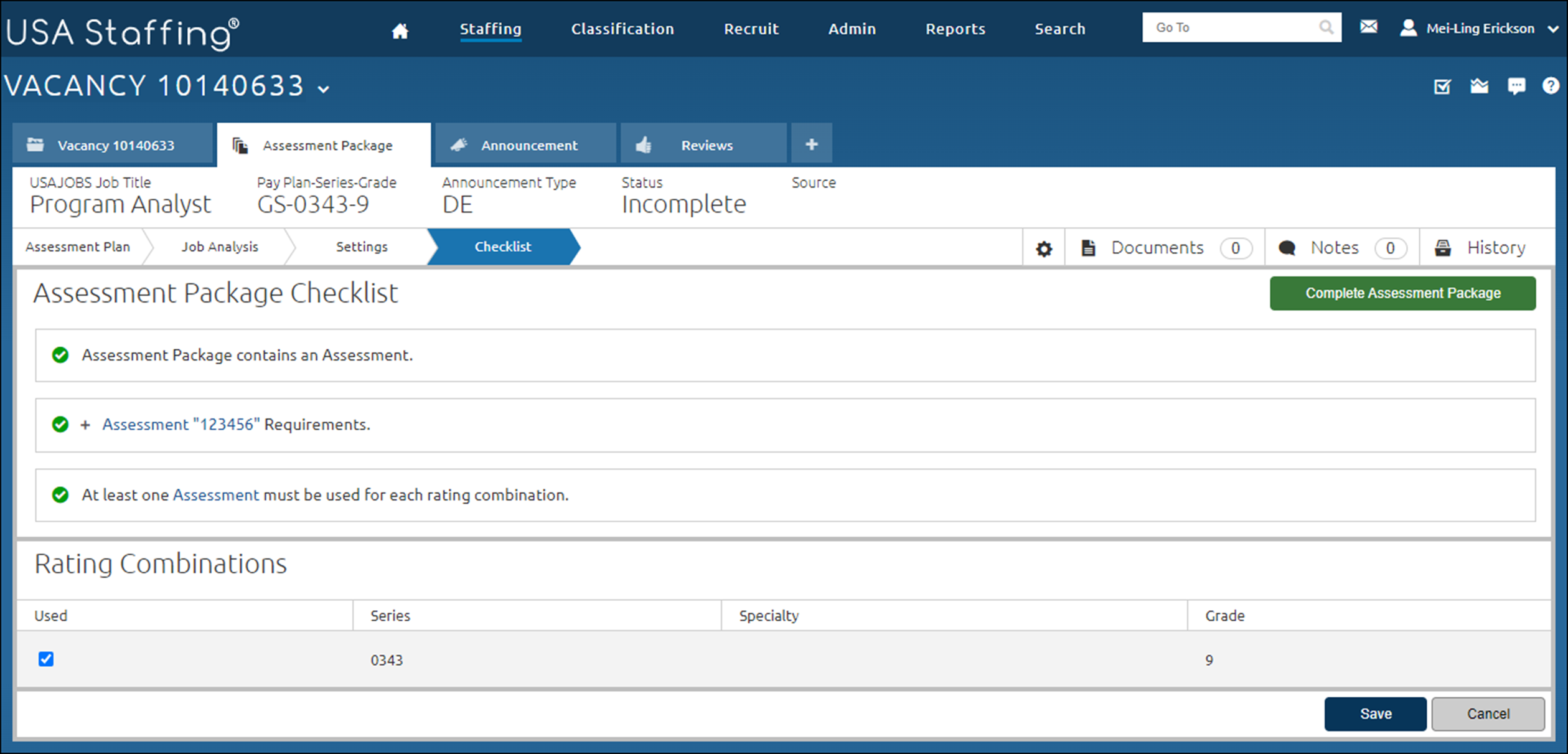 Test Plan page with Complete Assessment Package button. The button is located in the upper-right quadrant of the page.