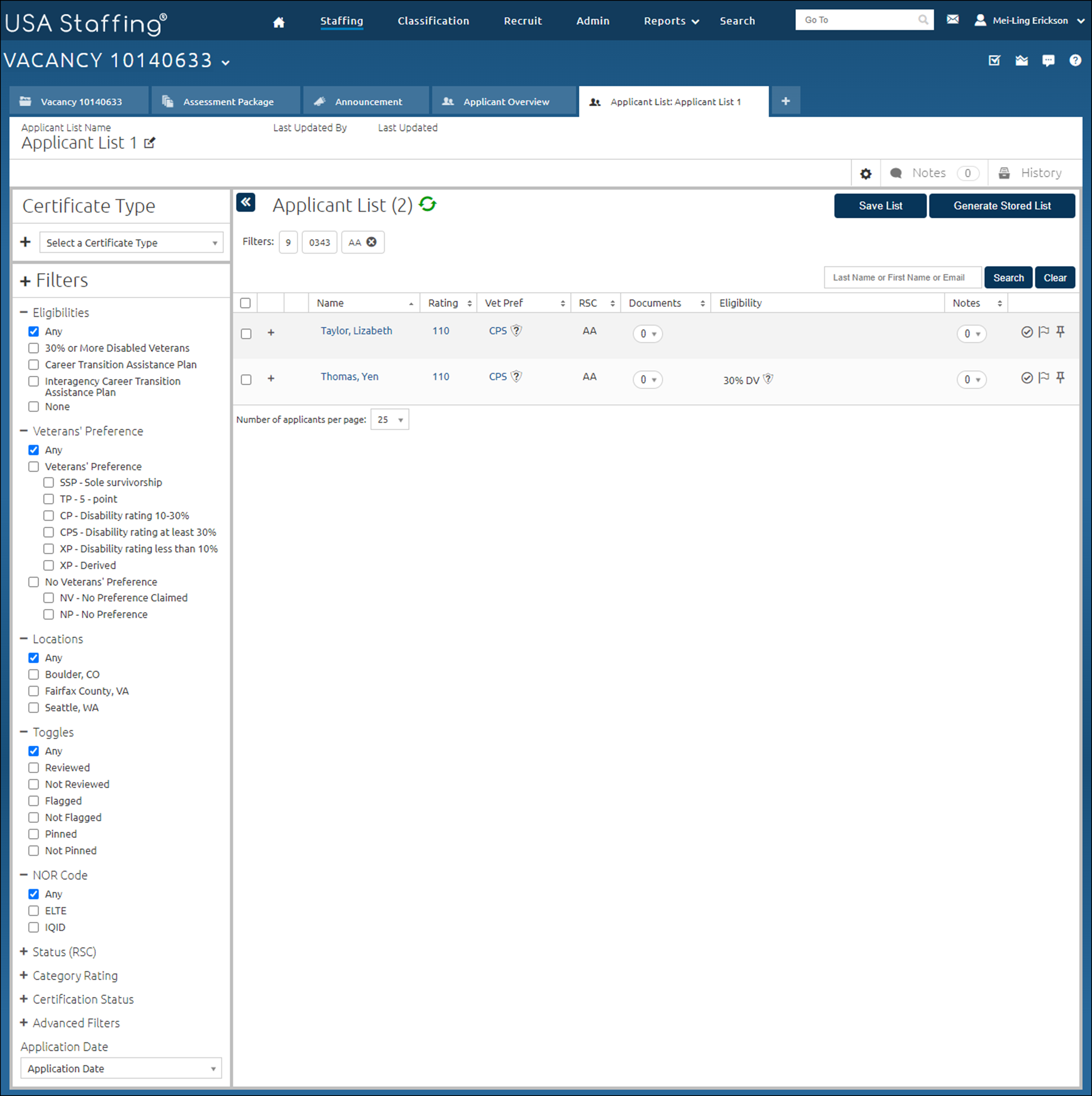 Applicant List as it first appears when you arrive on the page.