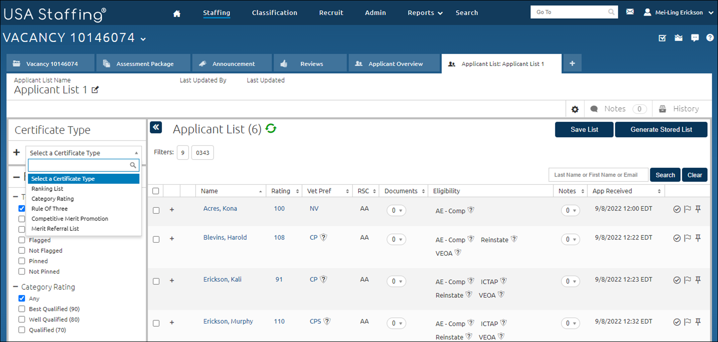Applicant List with the Certificate Type option expanded.