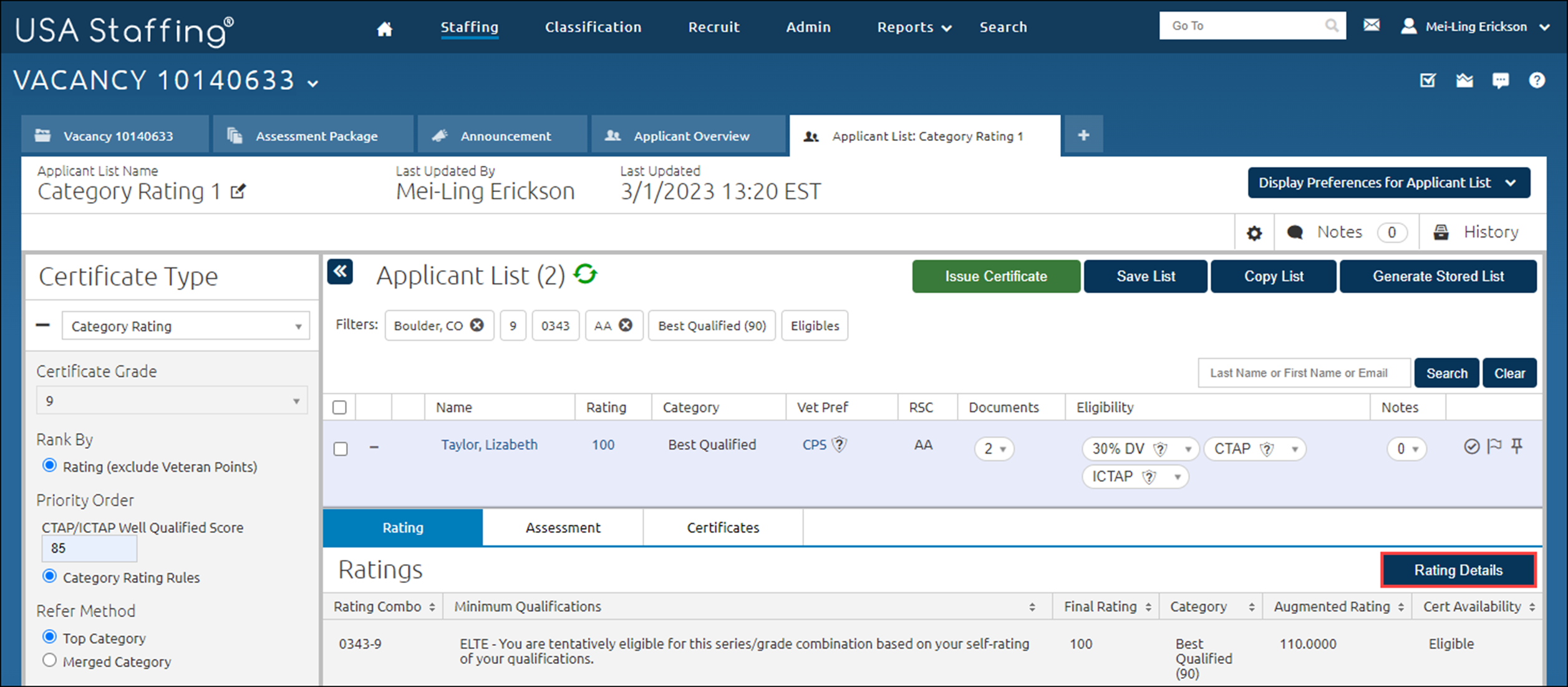 Applicant List with the Rating Details button highlighted for an applicant.
