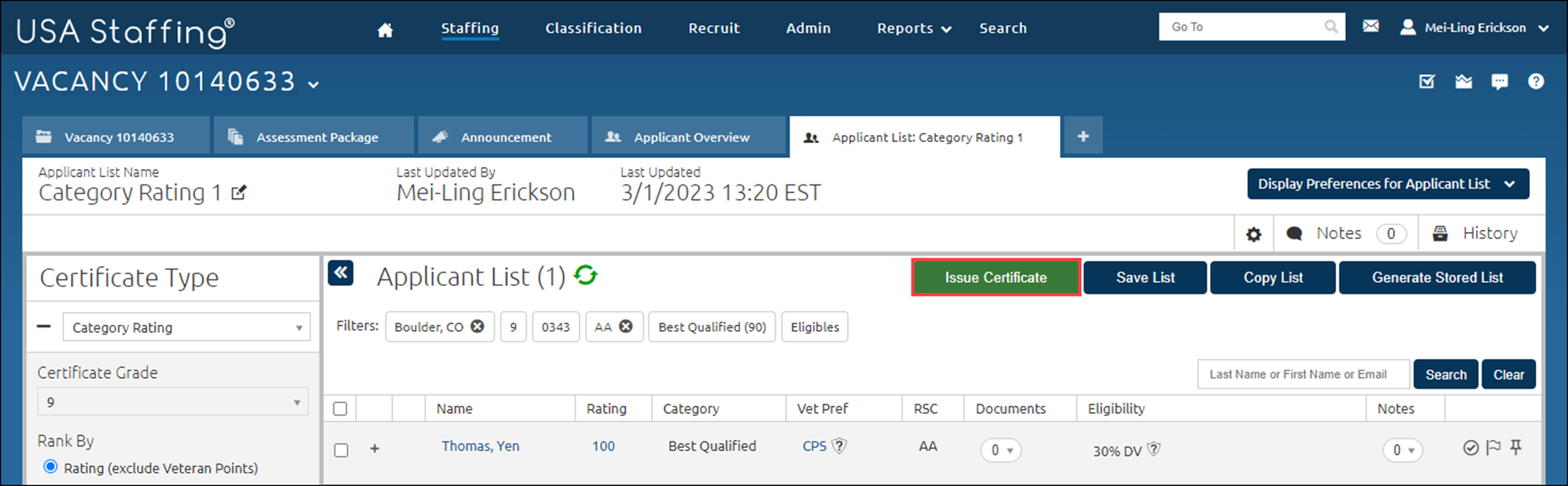 The Applicant List with the Issue Certificate button highlighted and located at the upper right quadrant of the page.