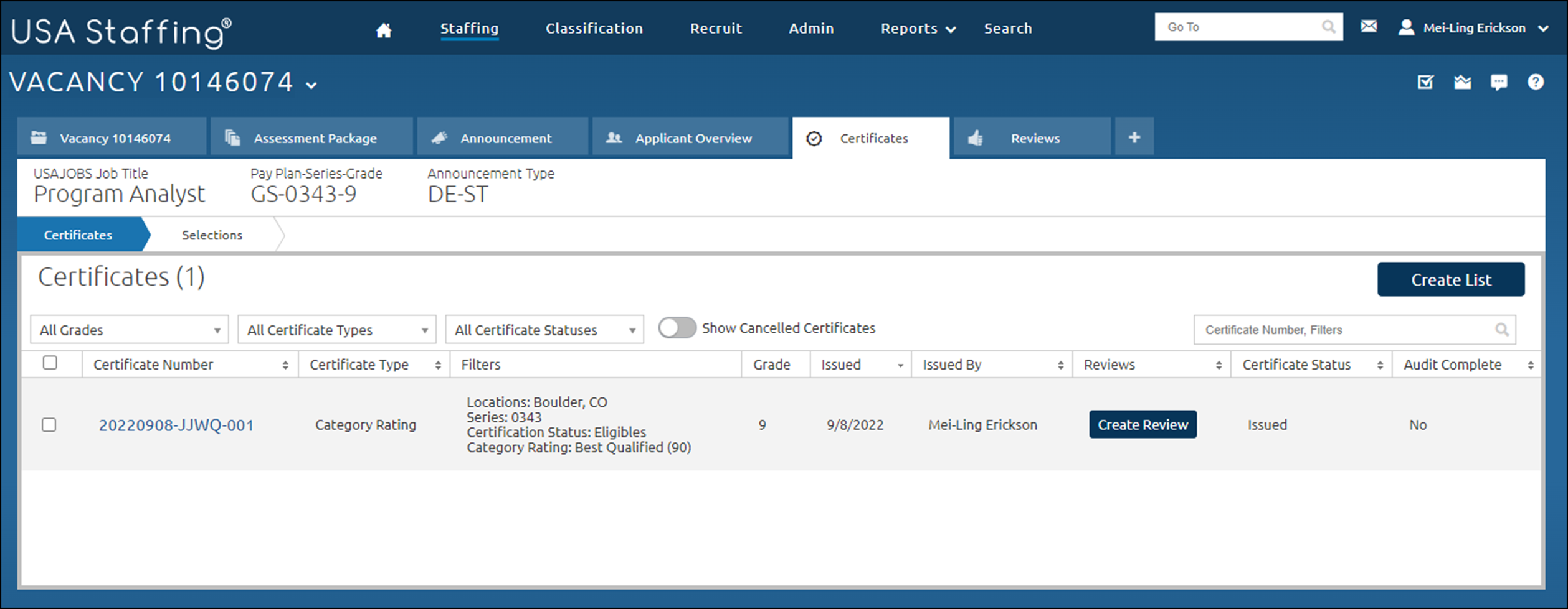 Certificates tab with one certificated listed.