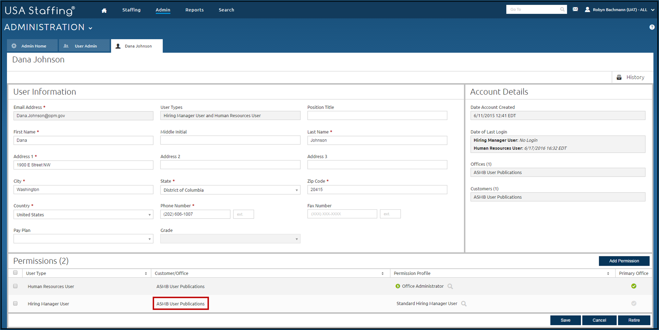 Administration – User Admin page with the Customer/ Office for a Hiring Manager profile highlighted.