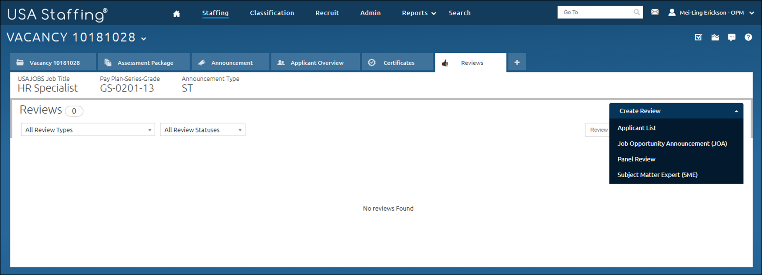 Reviews page. The Create Review has an option for Applicant List.