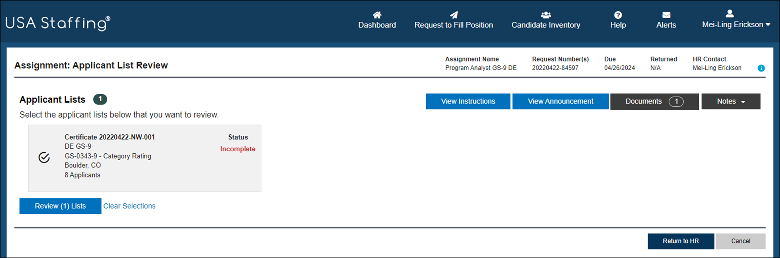 Applicant List page with one certificate selected.