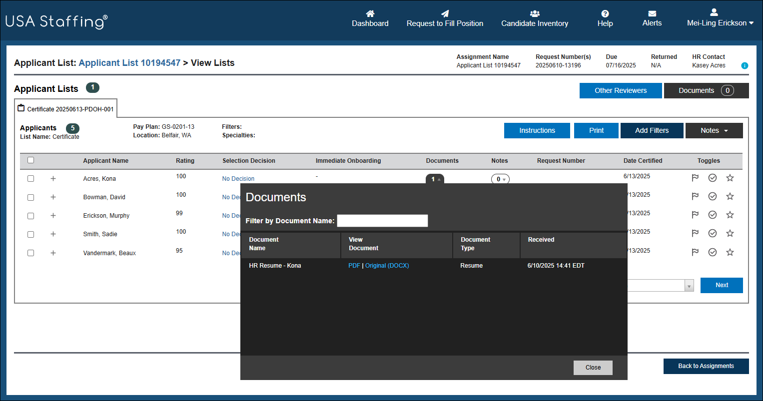 Applicant documents open with one document displaying.