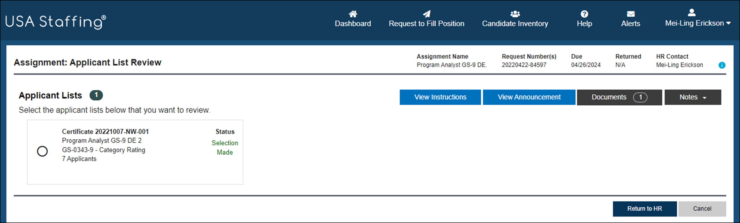 Reviews page with the Return to HR button in the lower-right corner.