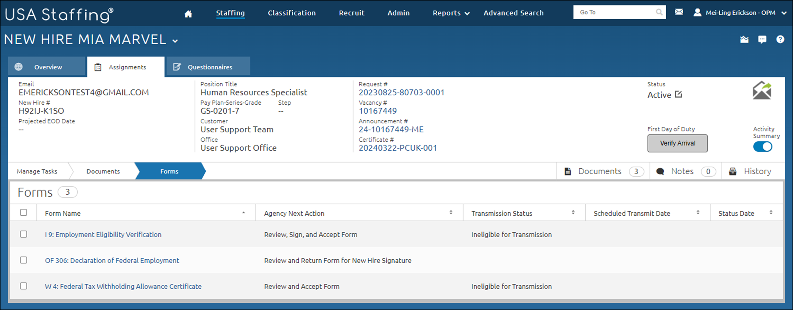 Assignments tab displaying the Forms page and the Agency Next Action information.