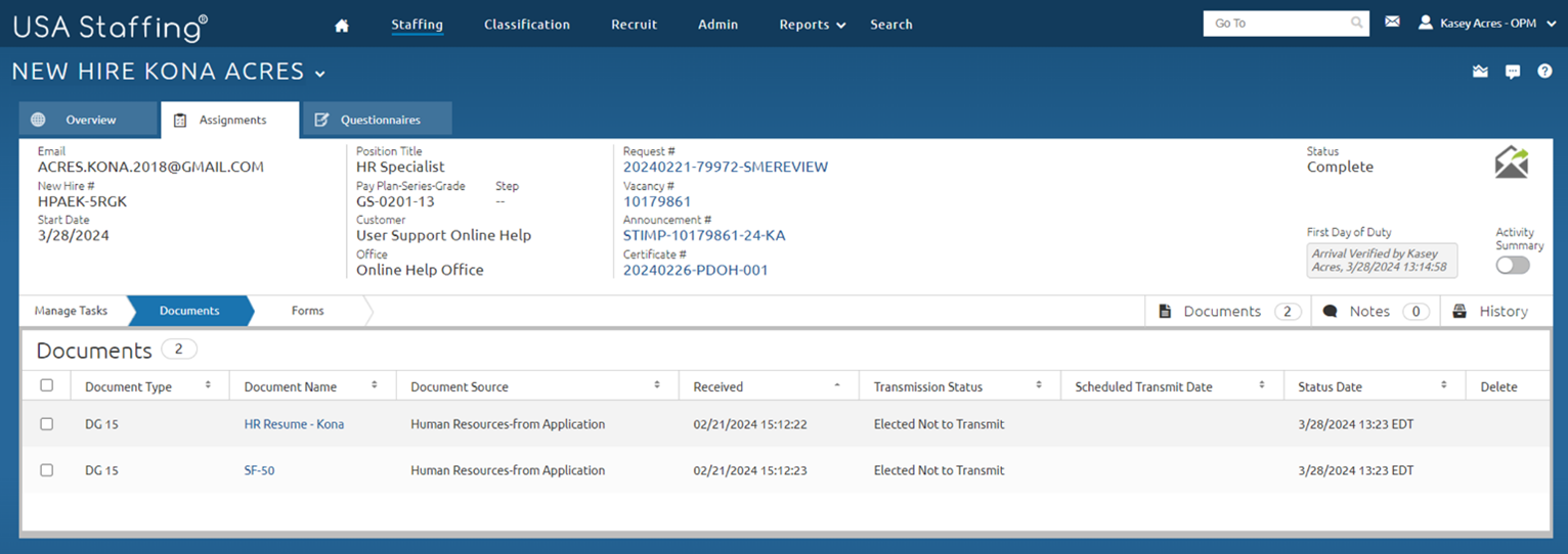 Assignments tab displaying the Documents page with all documents in Transmission Status of Elected Not to Transmit.