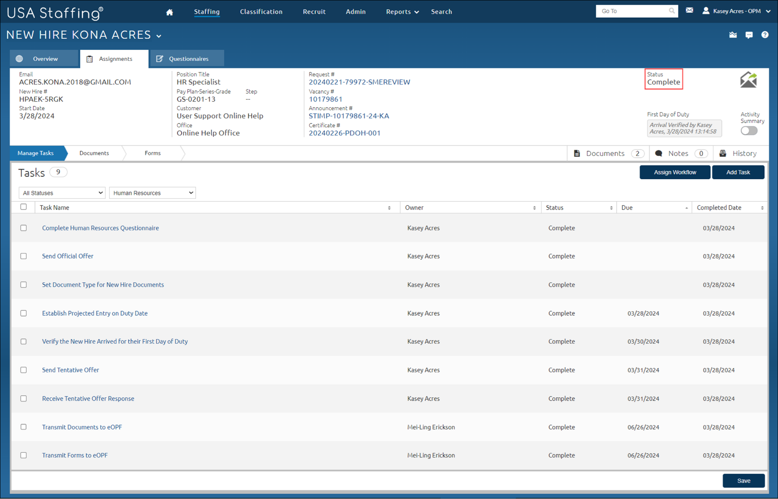Assignments tab displaying the Manage Tasks page highlighting the record in Complete status.