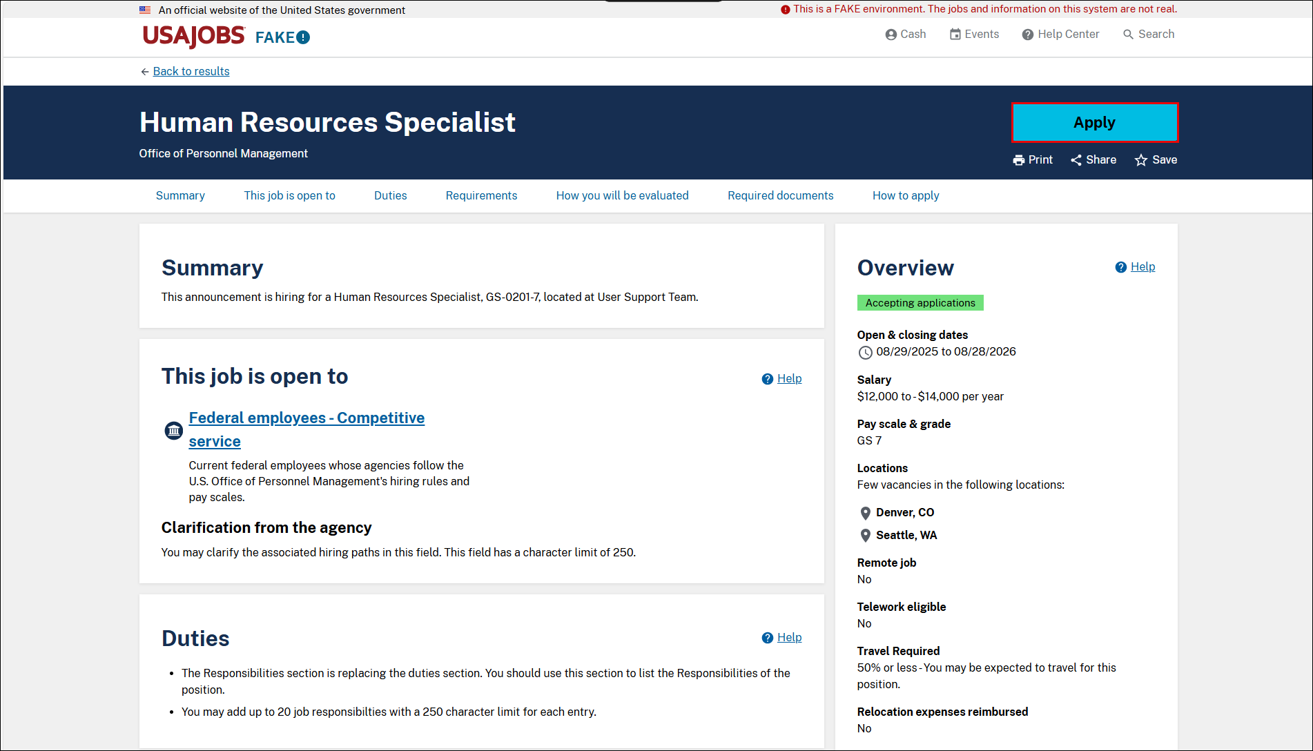An open announcement on USAJOBS with the Apply button highlighted. The Apply button is toward the top of the page on the right side.