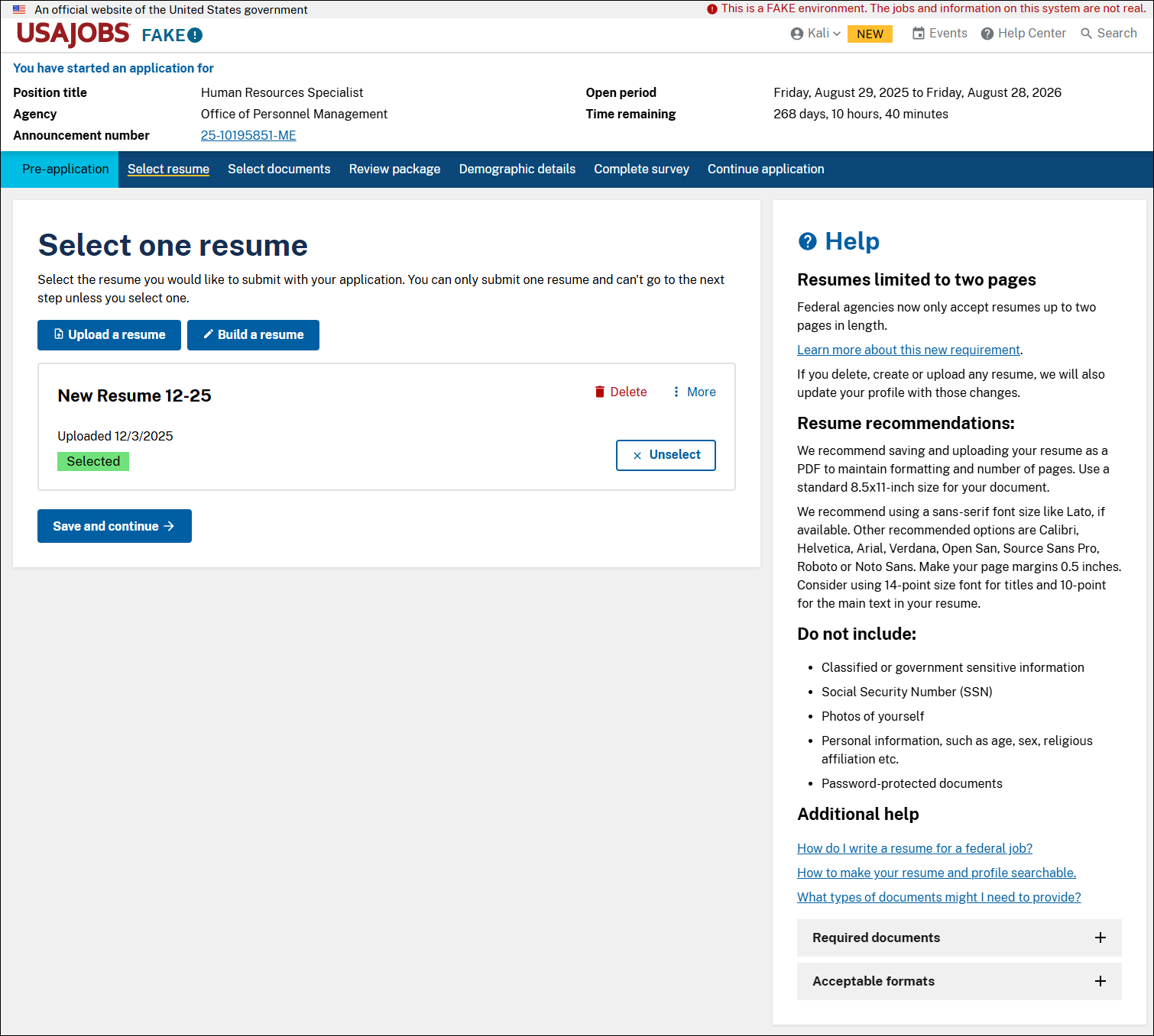 Step 1 in the USAJOBS transfer- Select Resume.