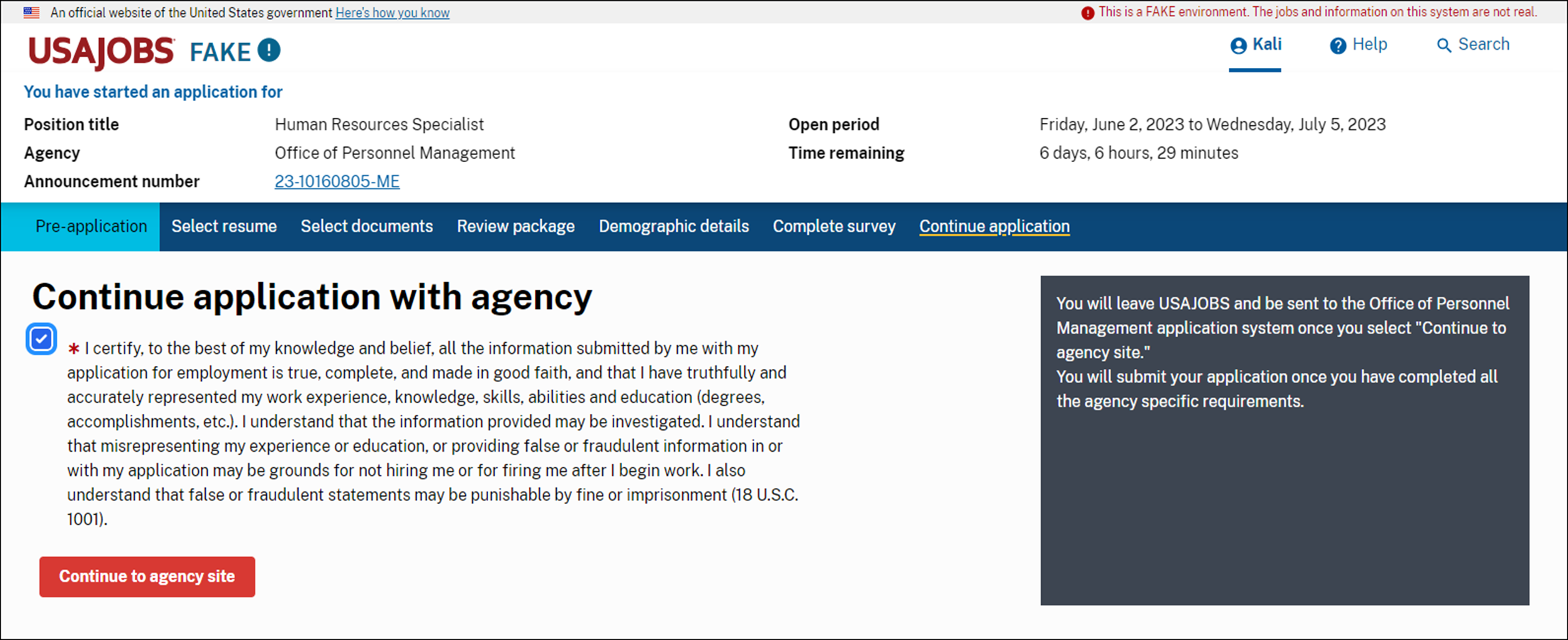 Step 6 in the USAJOBS transfer – Continue Application with Agency.
