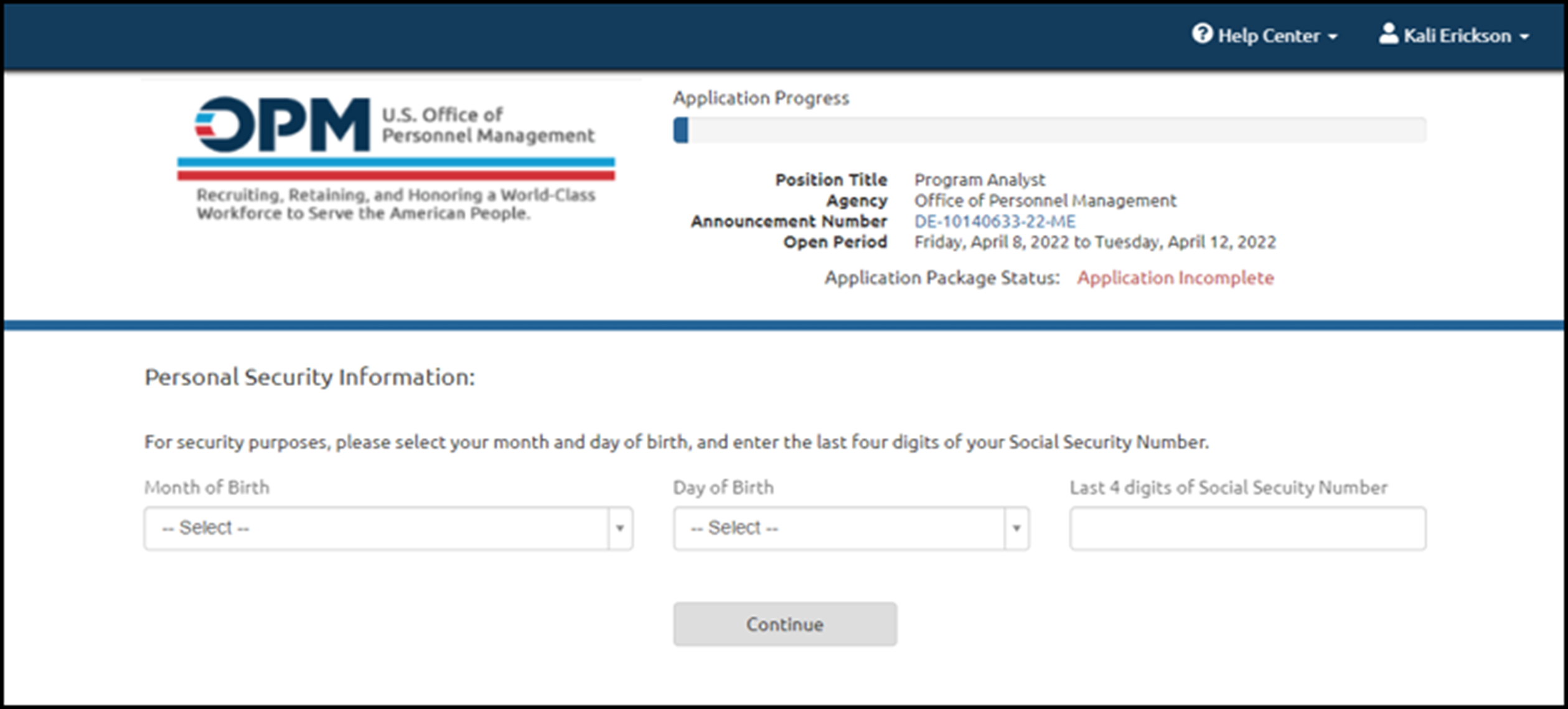 Personal Security Information page.