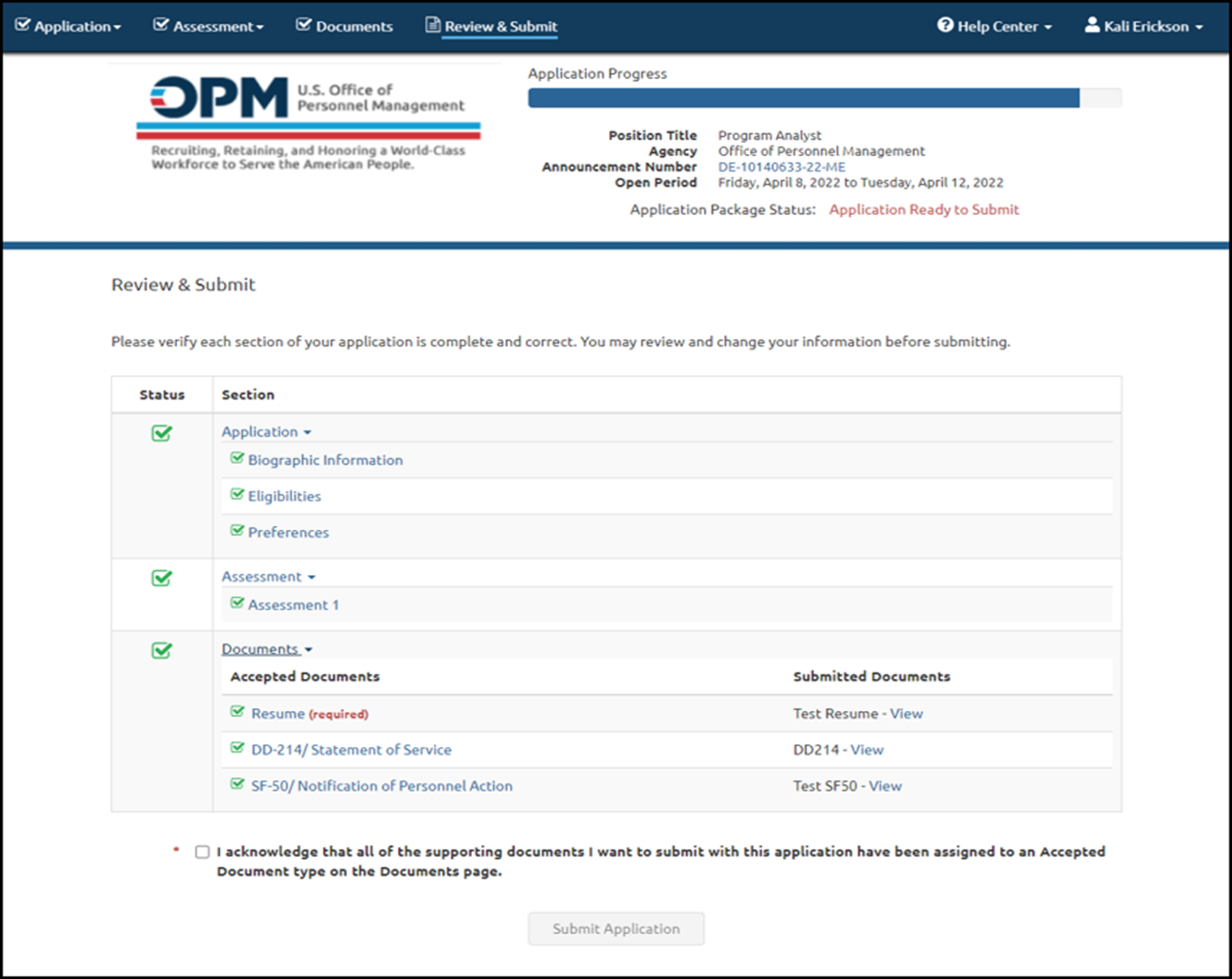 Review and Submit page.