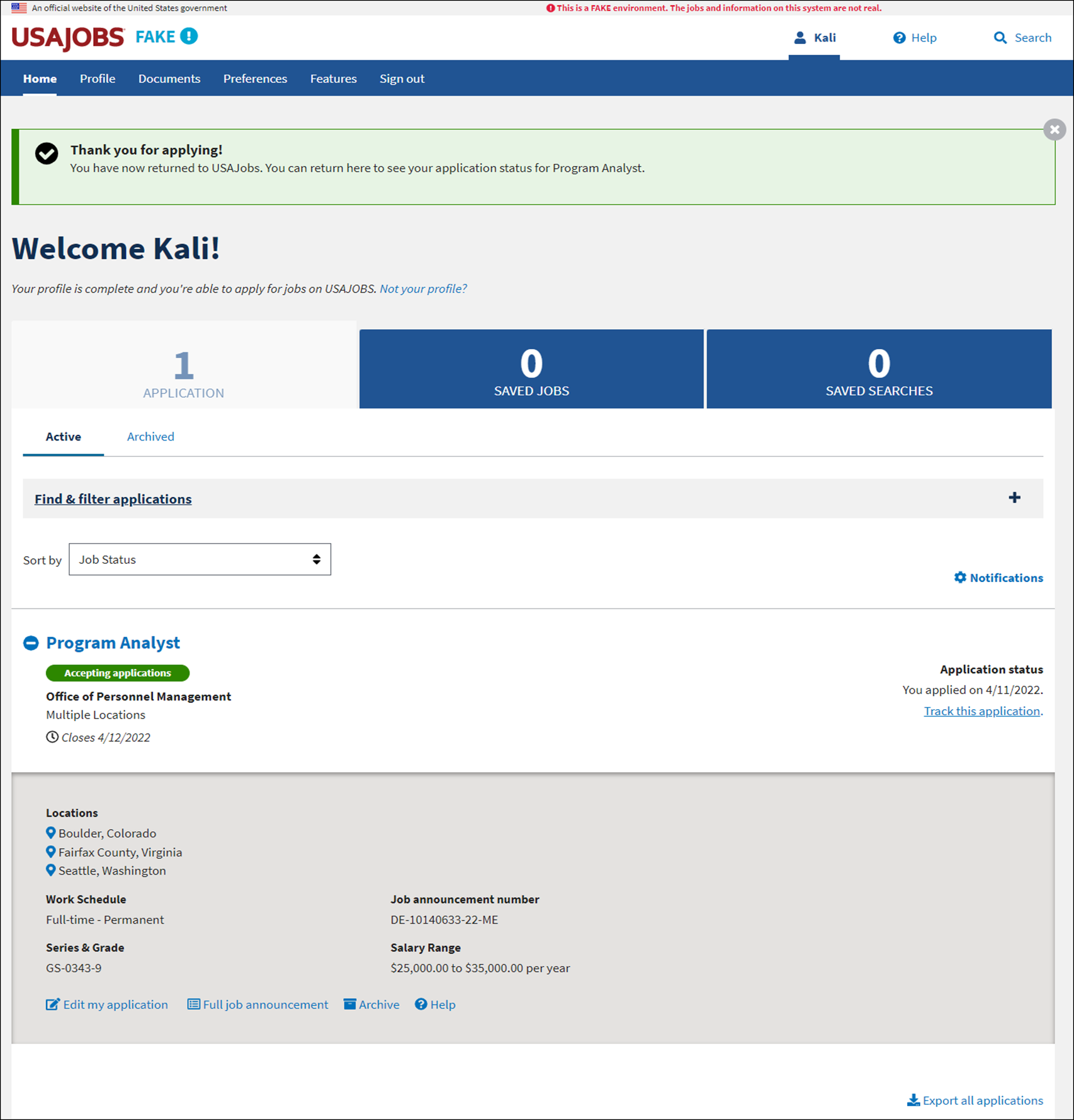 USAJOBS Home page. The applicant has two applications appearing at the bottom of the page.