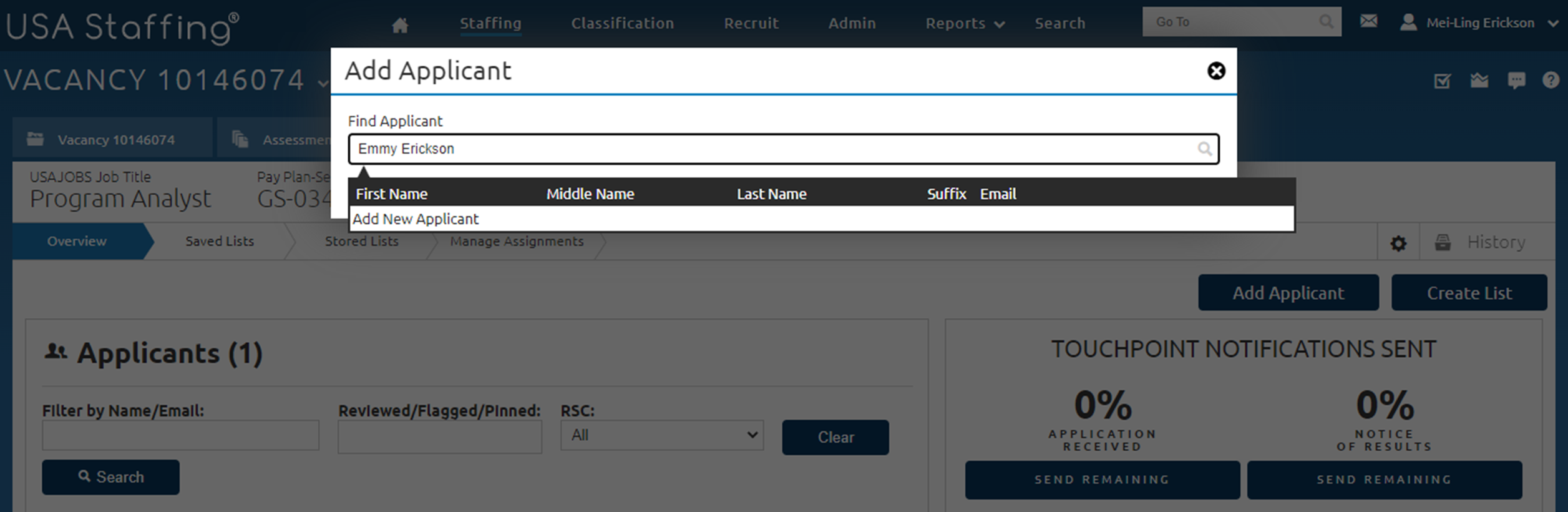 Add Applicant screen with the Add New Applicant link available to be selected.