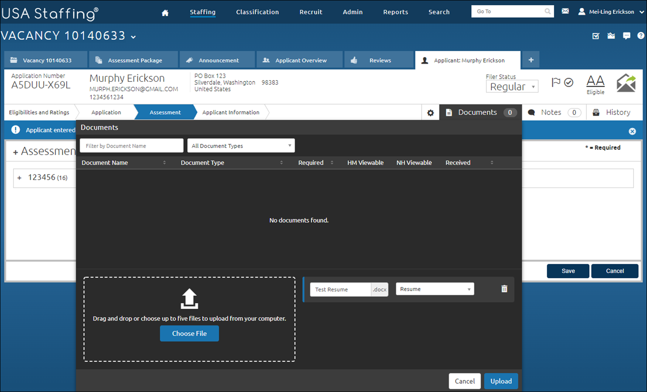 Assessment page of the applicant record with the Documents area opened.