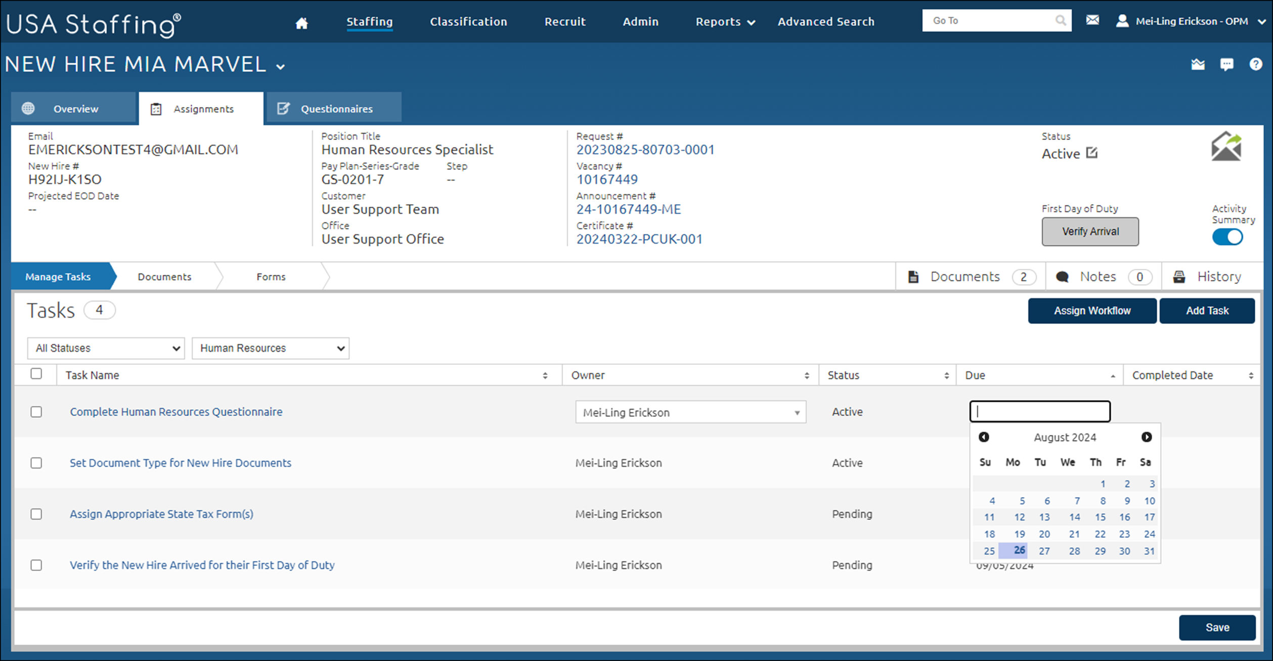 A new hire’s record is on the Manage Tasks page displaying the tasks assigned from the workflow.
