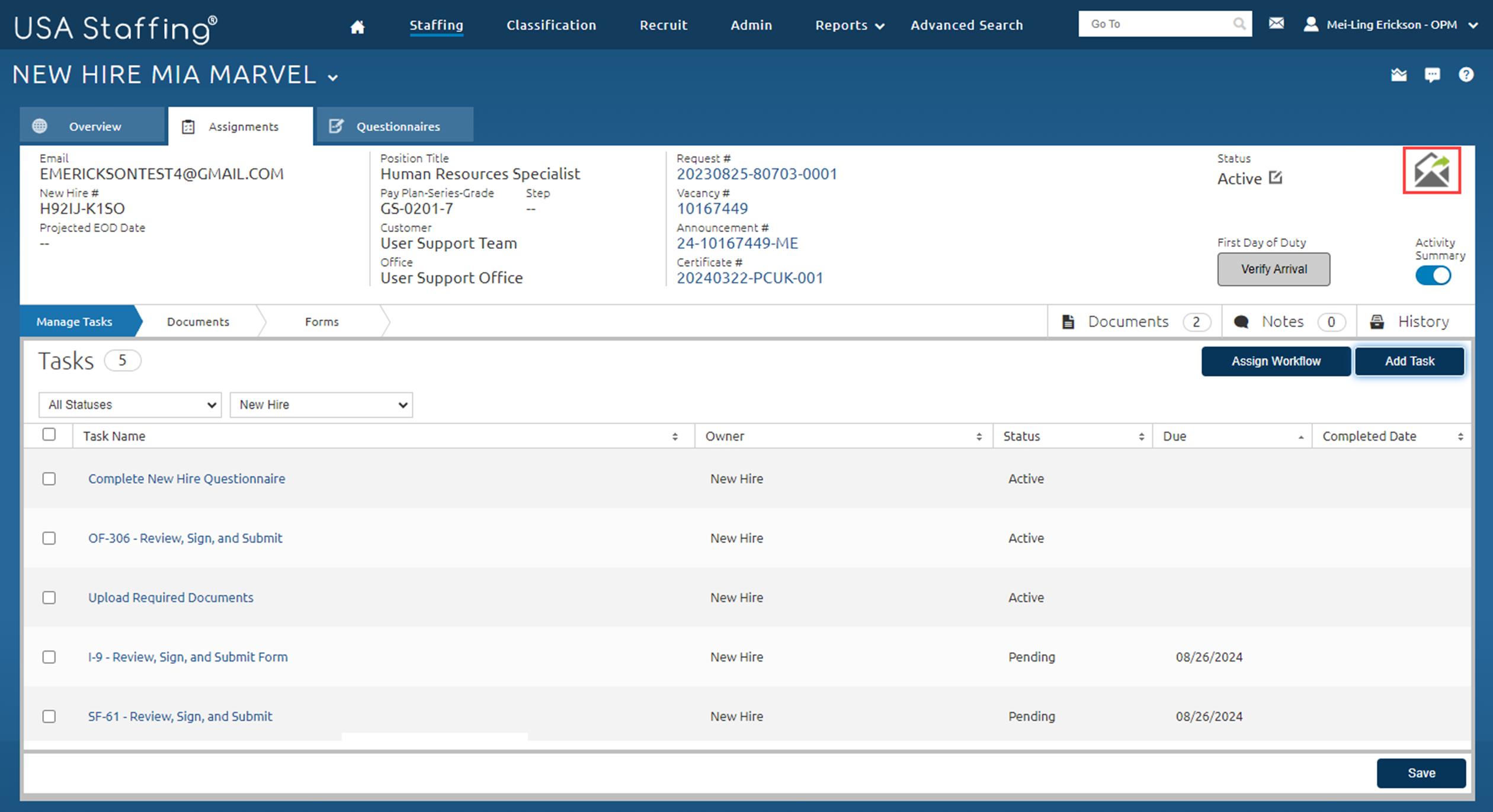 A new hire’s record is on the Manage Tasks page highlighting the Envelope icon.