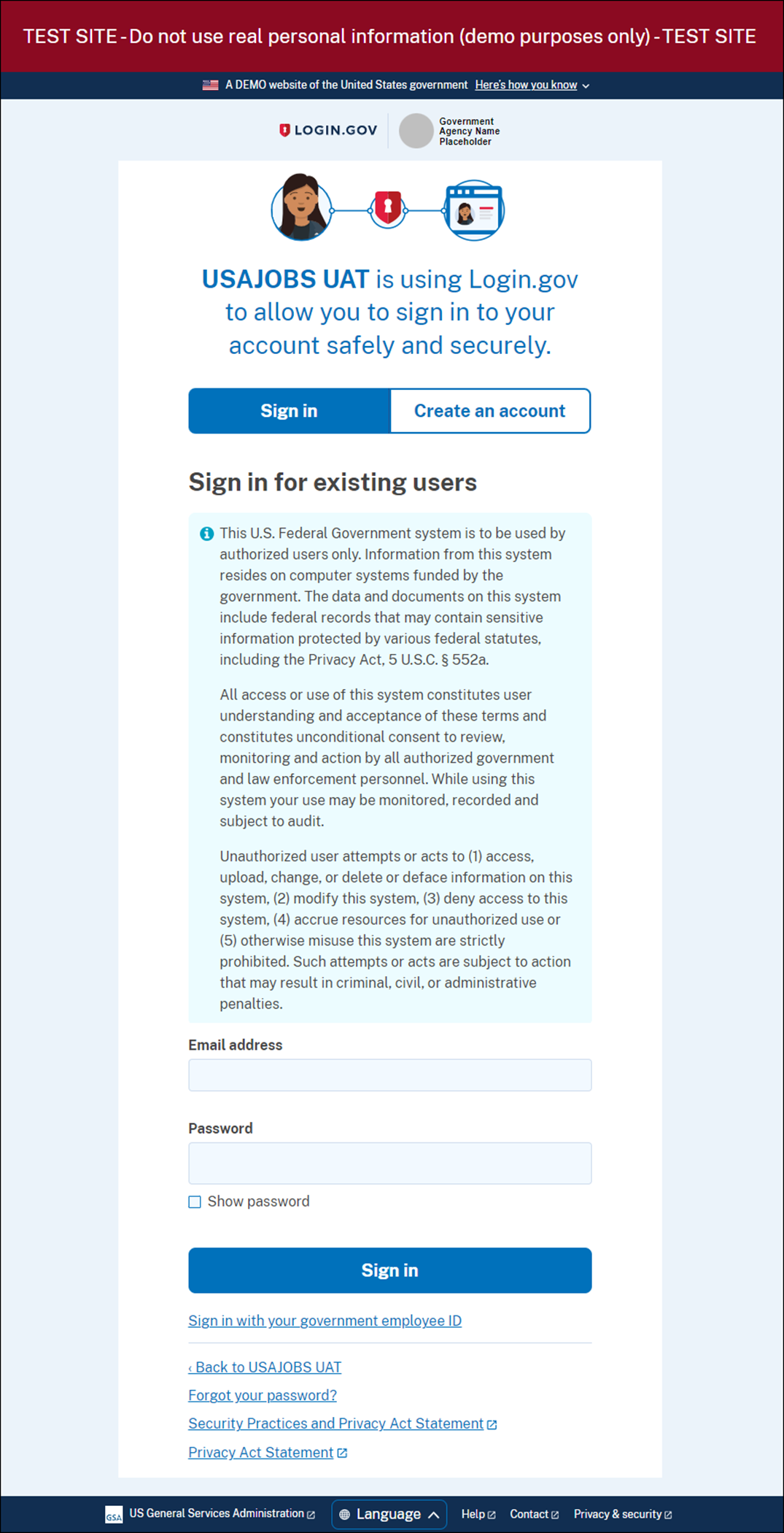 Login.gov page for USAJOBS.