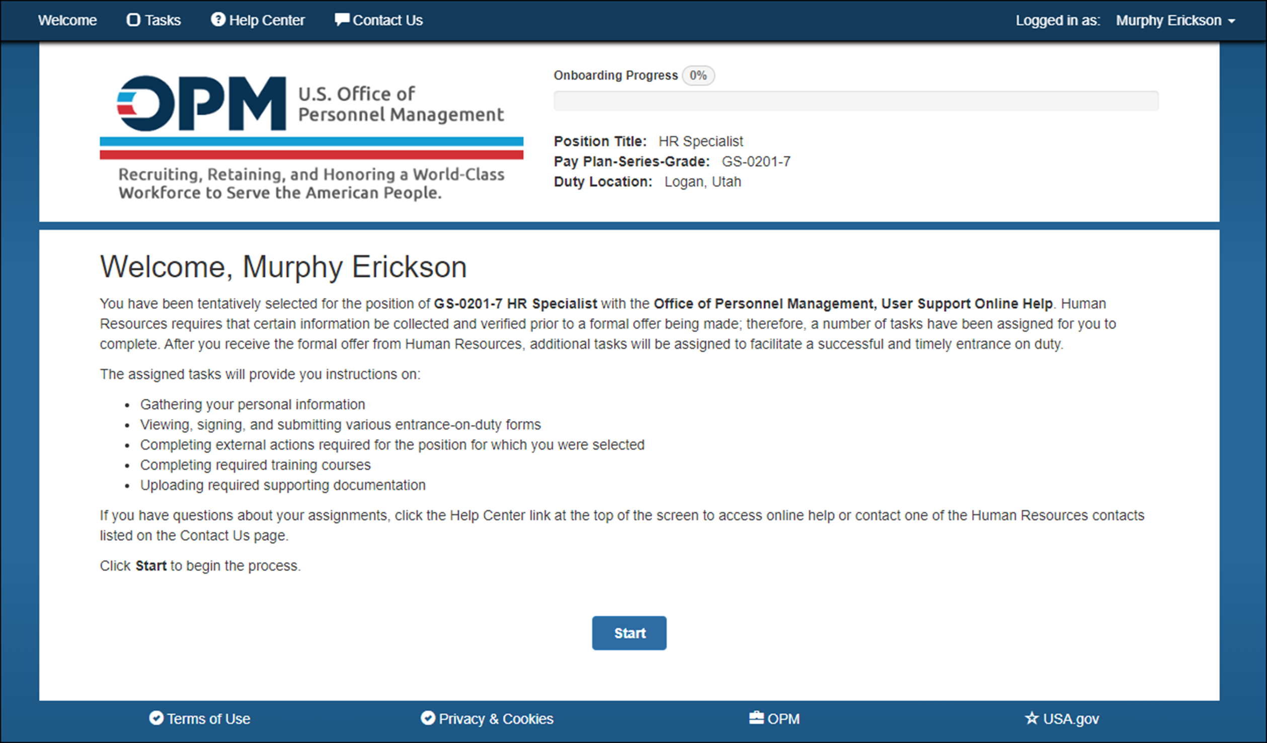 USA Staffing Onboard Welcome page.