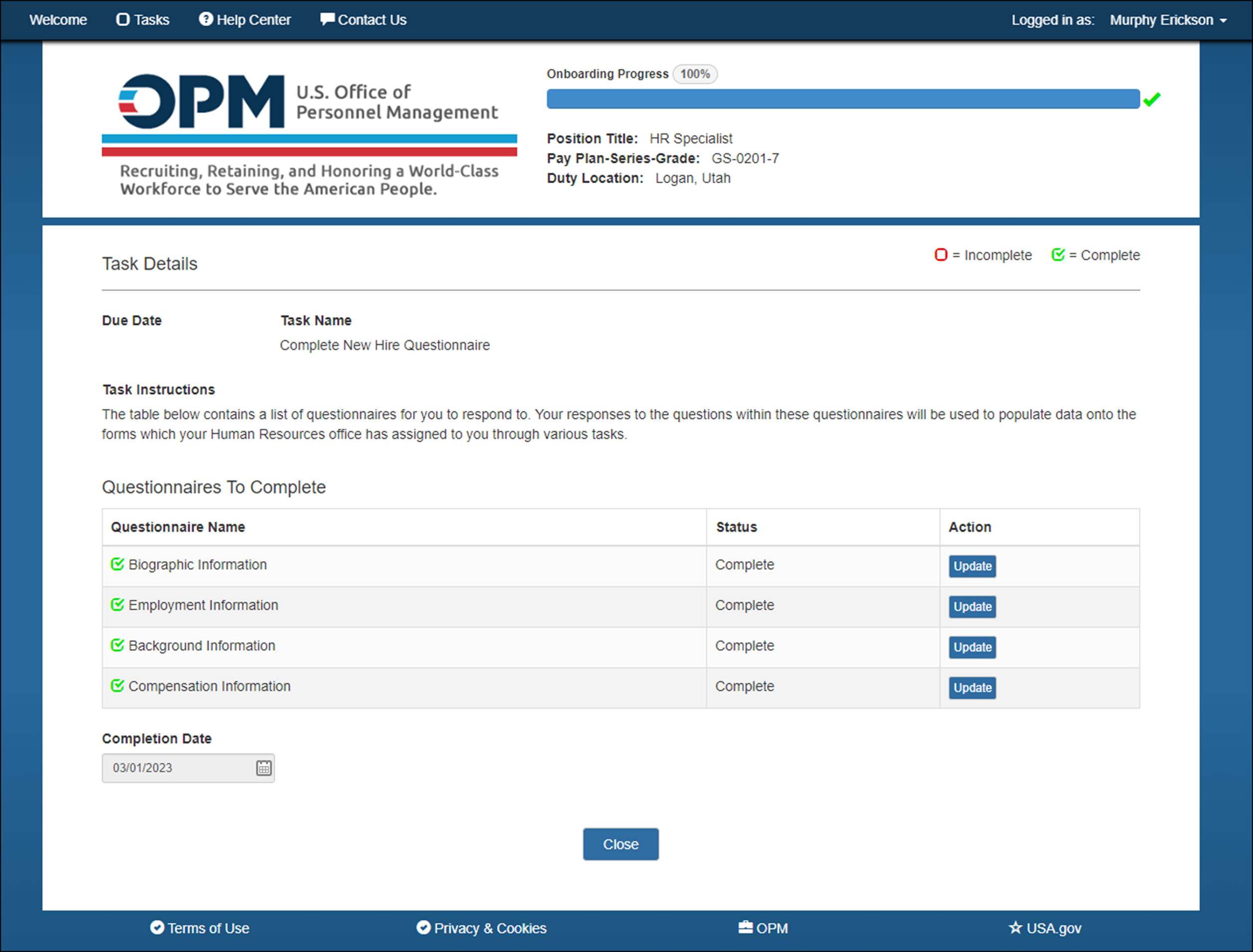 USA Staffing Onboard Tasks page displaying the Complete New Hire Questionnaire task as Completed.