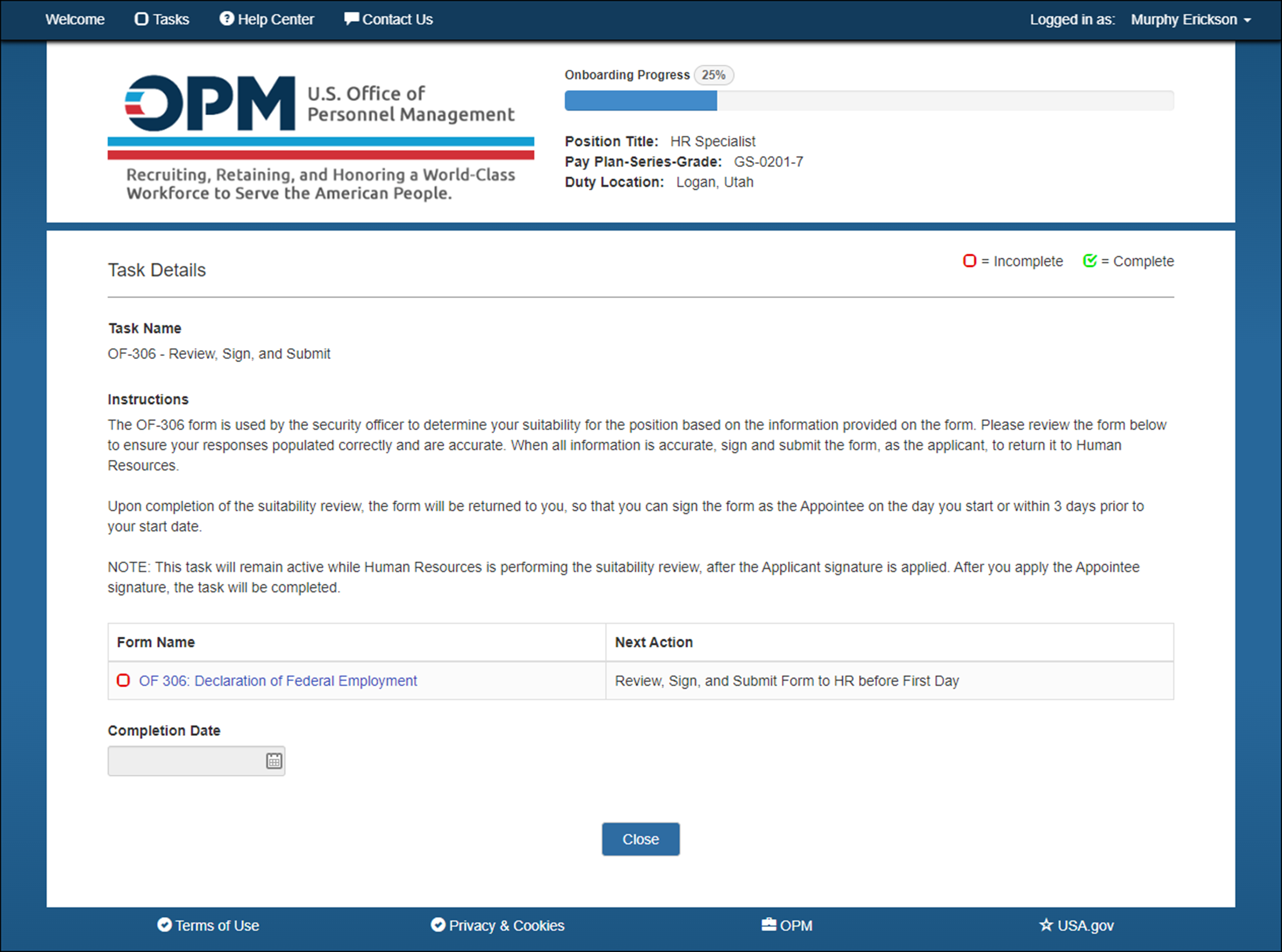 USA Staffing Onboard Tasks Details page displaying the instructions for a form.