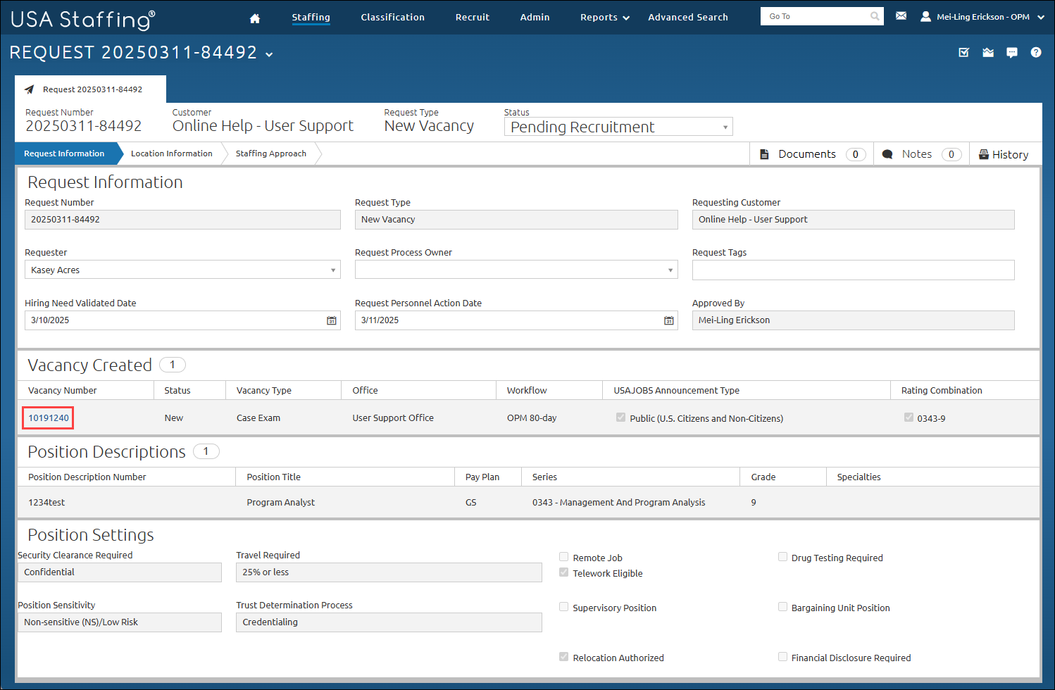 Approved request page with the Vacancy Number highlighted. The Vacancy Number is located under the Vacancy Created section in the middle of the page.