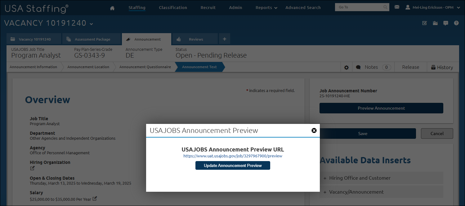 USAJOBS Announcement Preview URL.