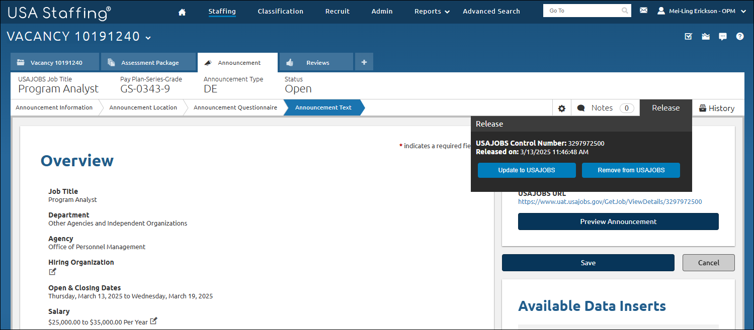 Announcement Text page with Release selected. Release appears in the upper-right quadrant of the page.